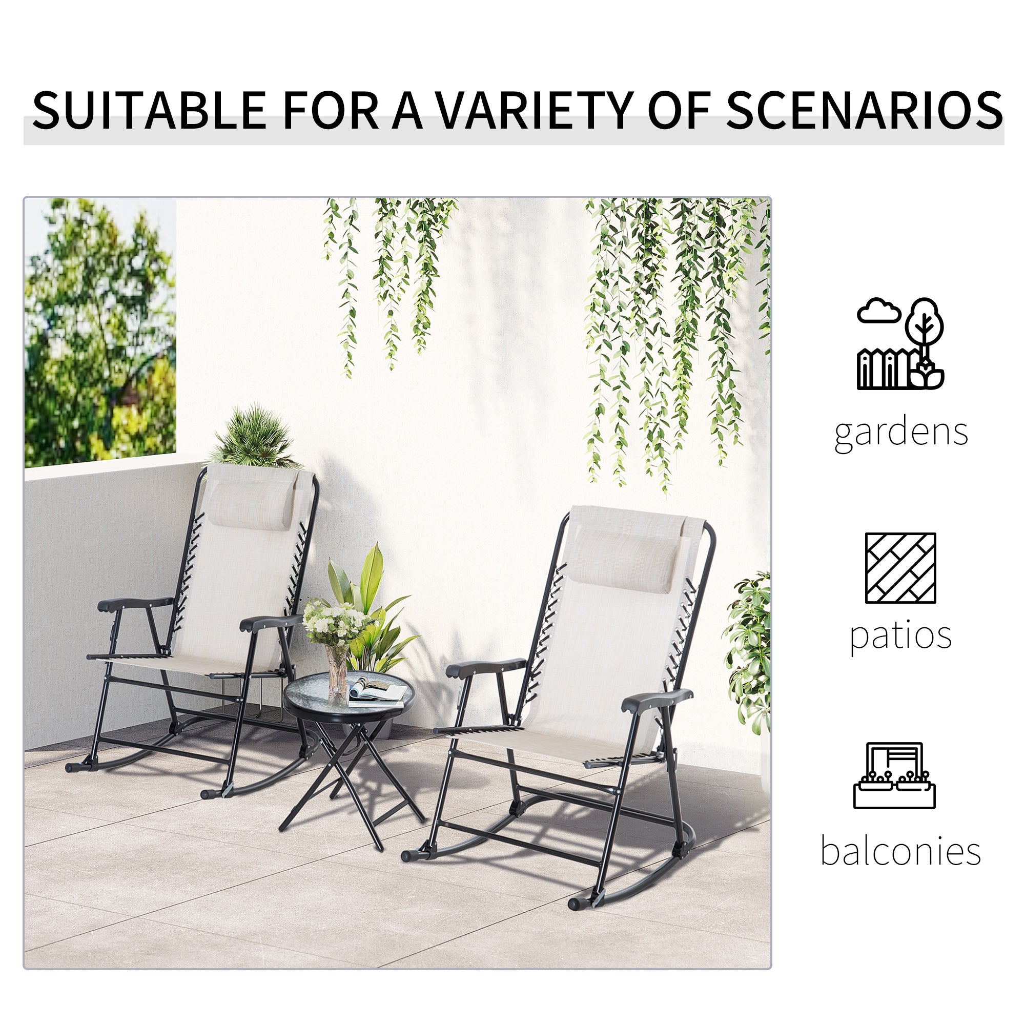 3pc Patio Rocking Chair Set - Cream White Folding-DECOROLALA