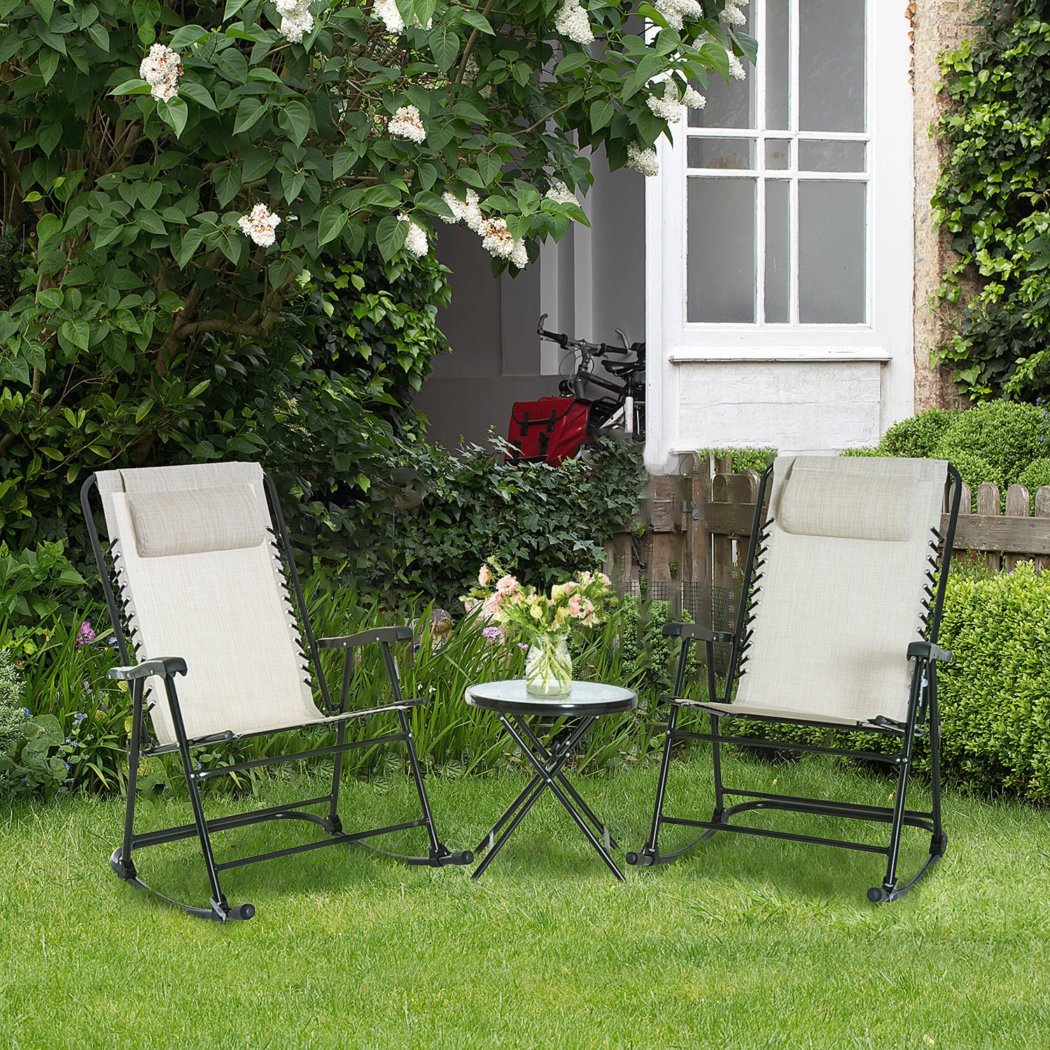 3pc Patio Rocking Chair Set - Cream White Folding-DECOROLALA