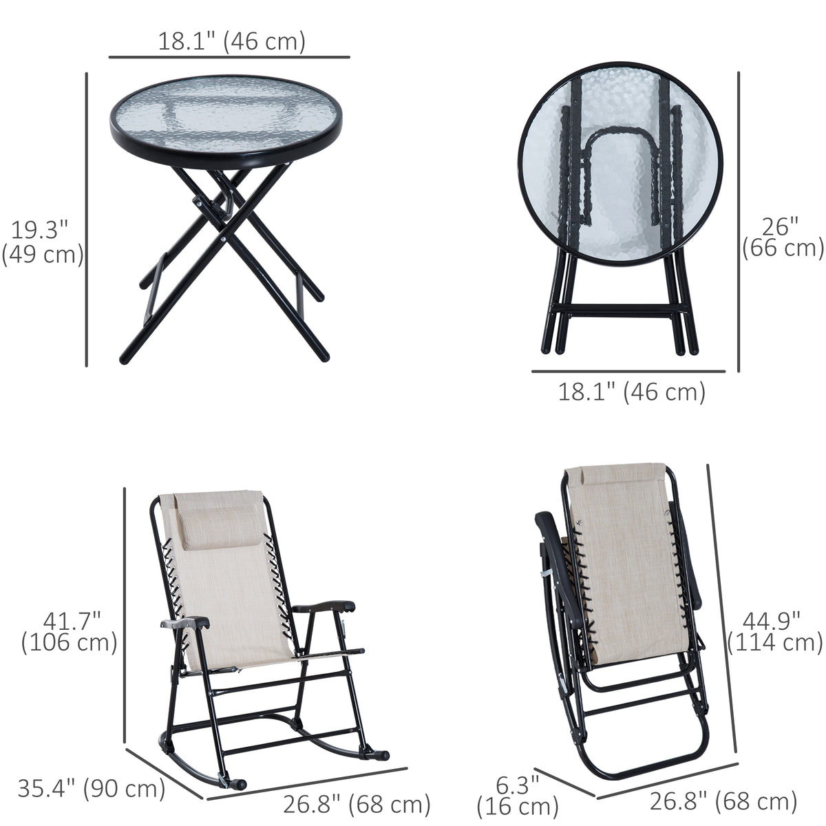 3pc Patio Rocking Chair Set - Cream White Folding-Outdoor Rocking Chairs-DECOROLALA