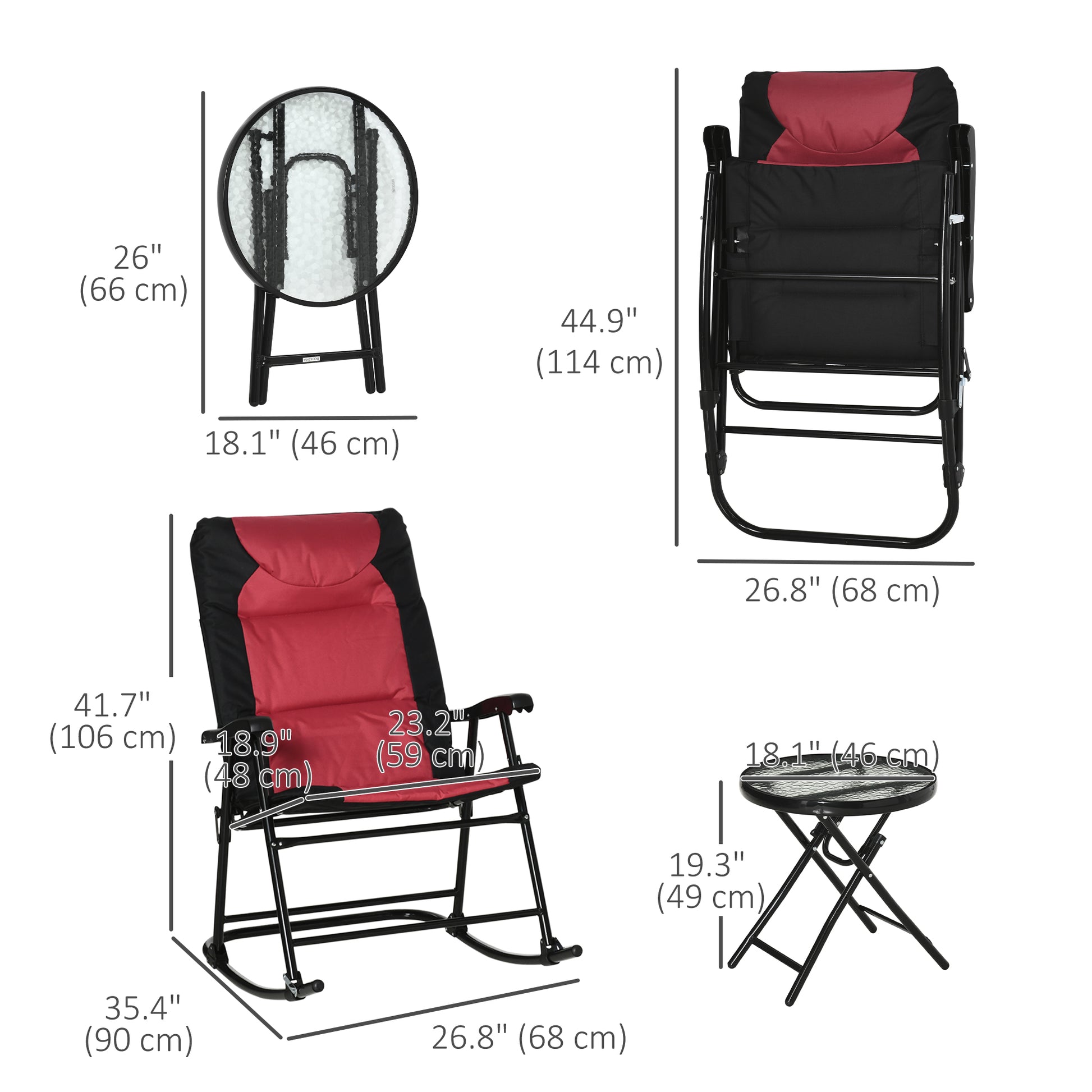 3pc Red Patio Rocking Chair Set & Table - Outdoor Wicker Set w/Padded Seats-DECOROLALA