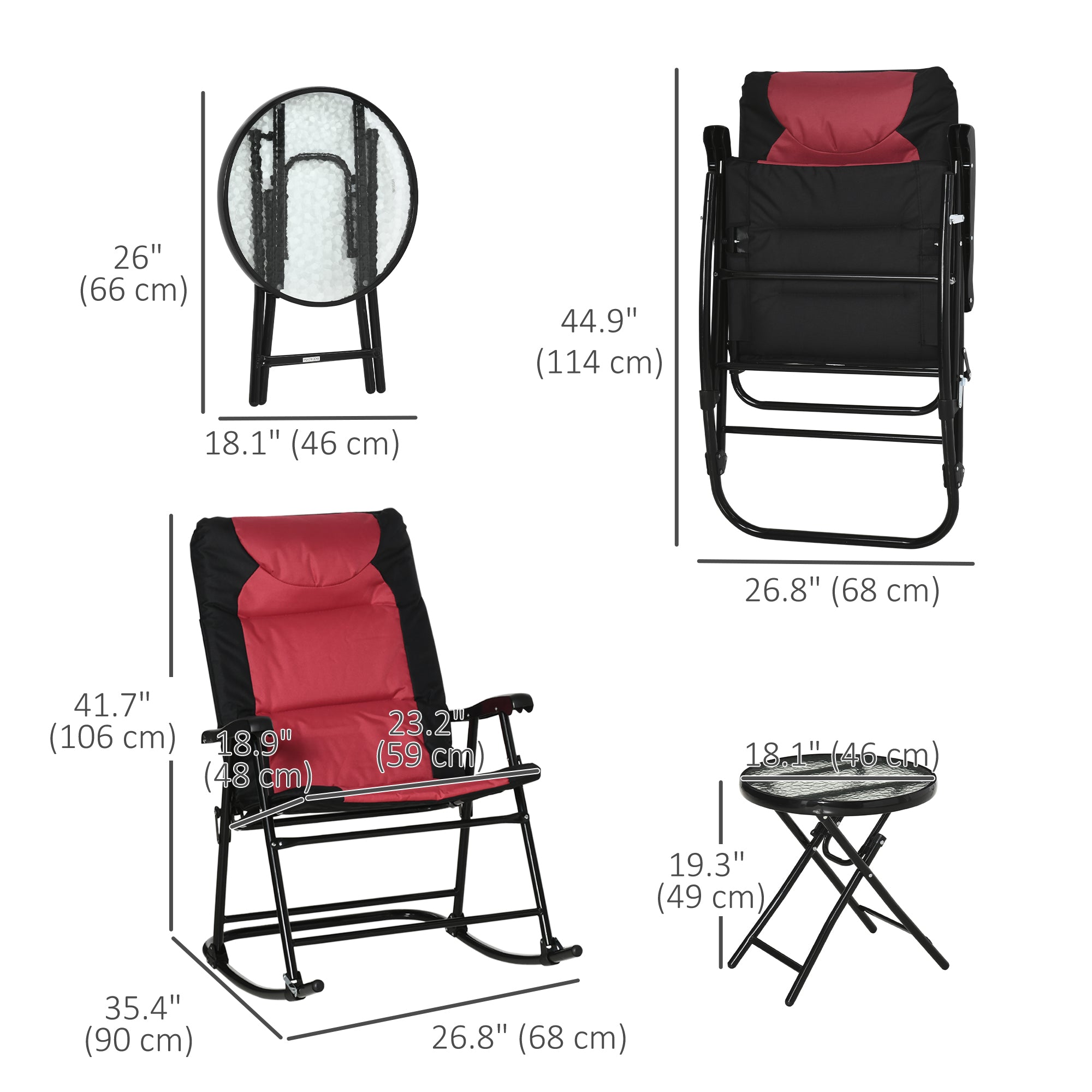 3pc Red Patio Rocking Chair Set & Table - Outdoor Wicker Set w/Padded Seats-DECOROLALA