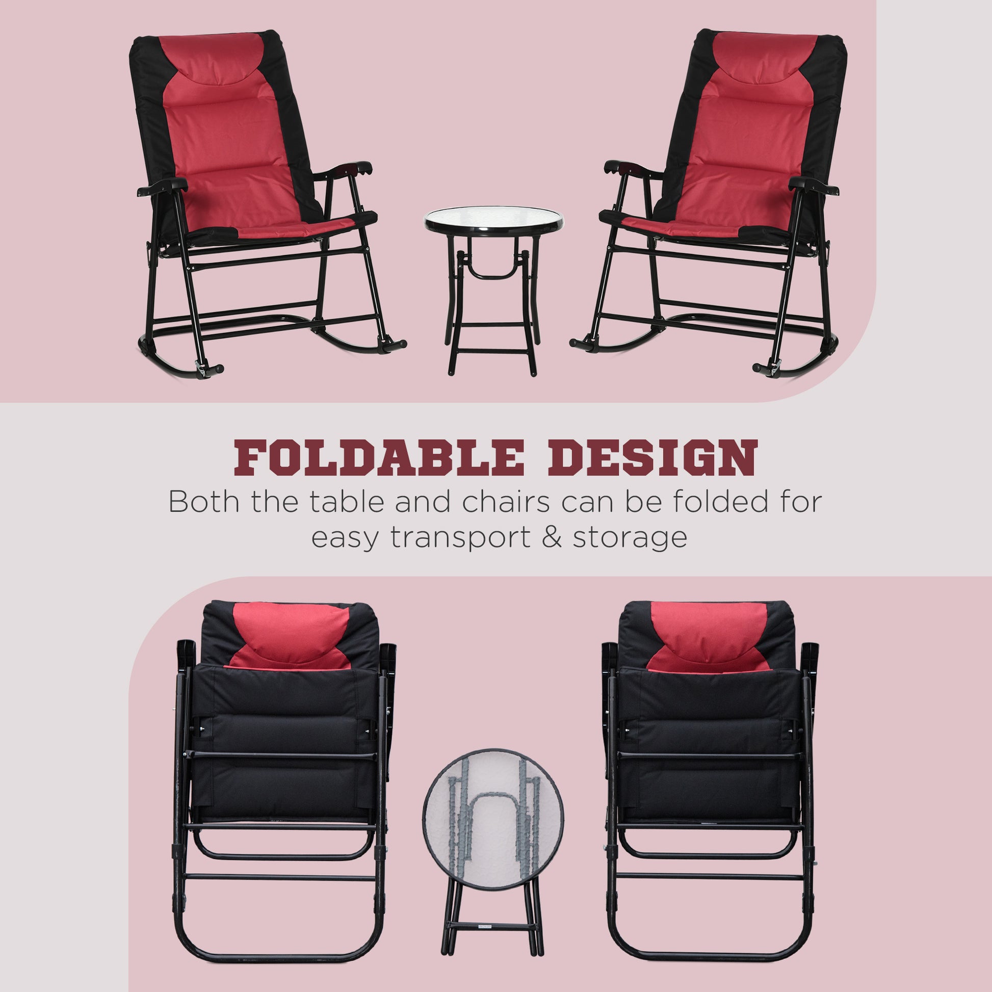 3pc Red Patio Rocking Chair Set & Table - Outdoor Wicker Set w/Padded Seats-DECOROLALA