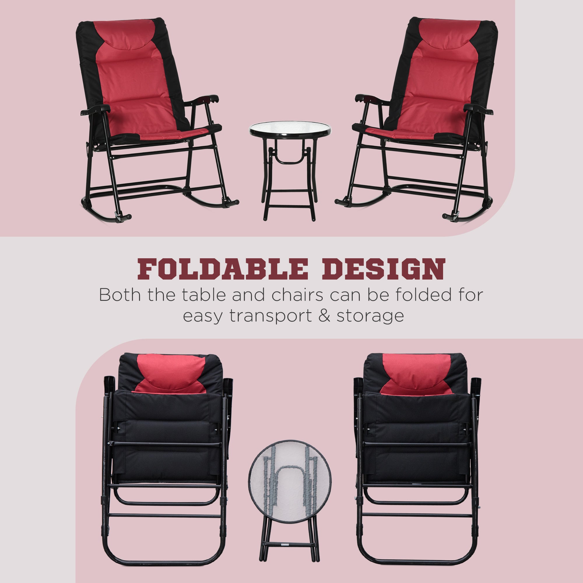 3pc Red Patio Rocking Chair Set & Table - Outdoor Wicker Set w/Padded Seats-DECOROLALA