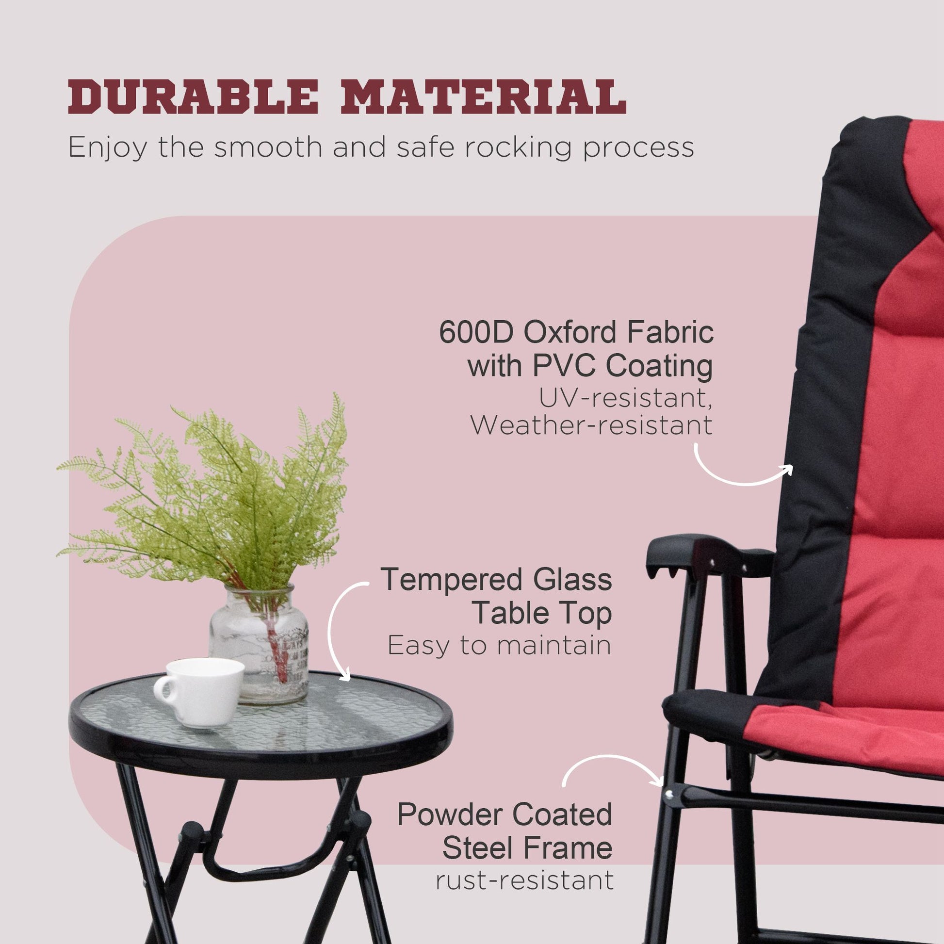3pc Red Patio Rocking Chair Set & Table - Outdoor Wicker Set w/Padded Seats-DECOROLALA