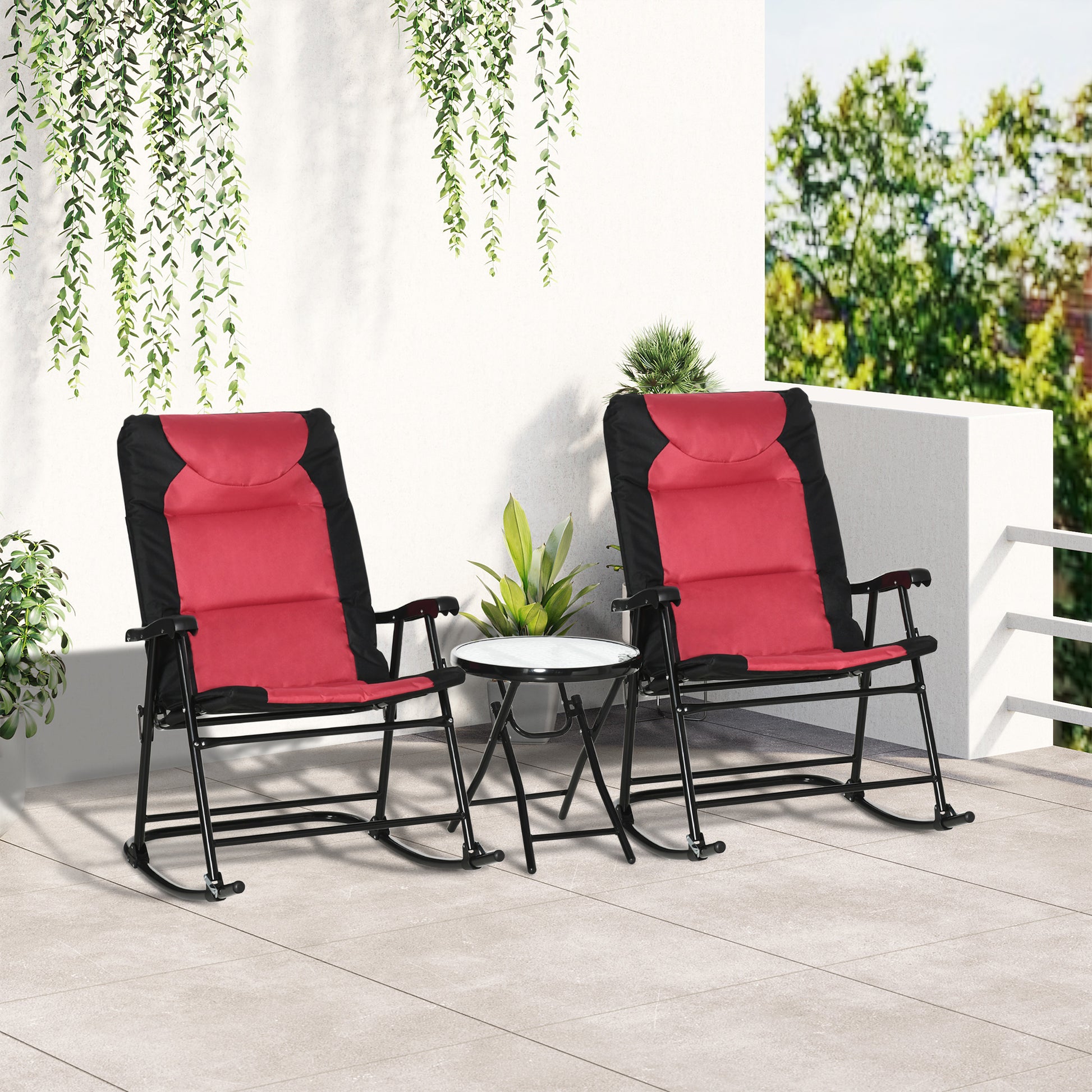 3pc Red Patio Rocking Chair Set & Table - Outdoor Wicker Set w/Padded Seats-DECOROLALA