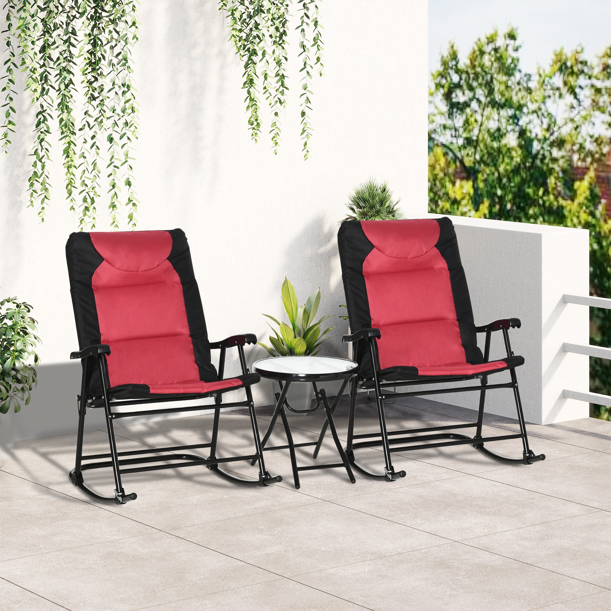3pc Red Patio Rocking Chair Set & Table - Outdoor Wicker Set w/Padded Seats-DECOROLALA