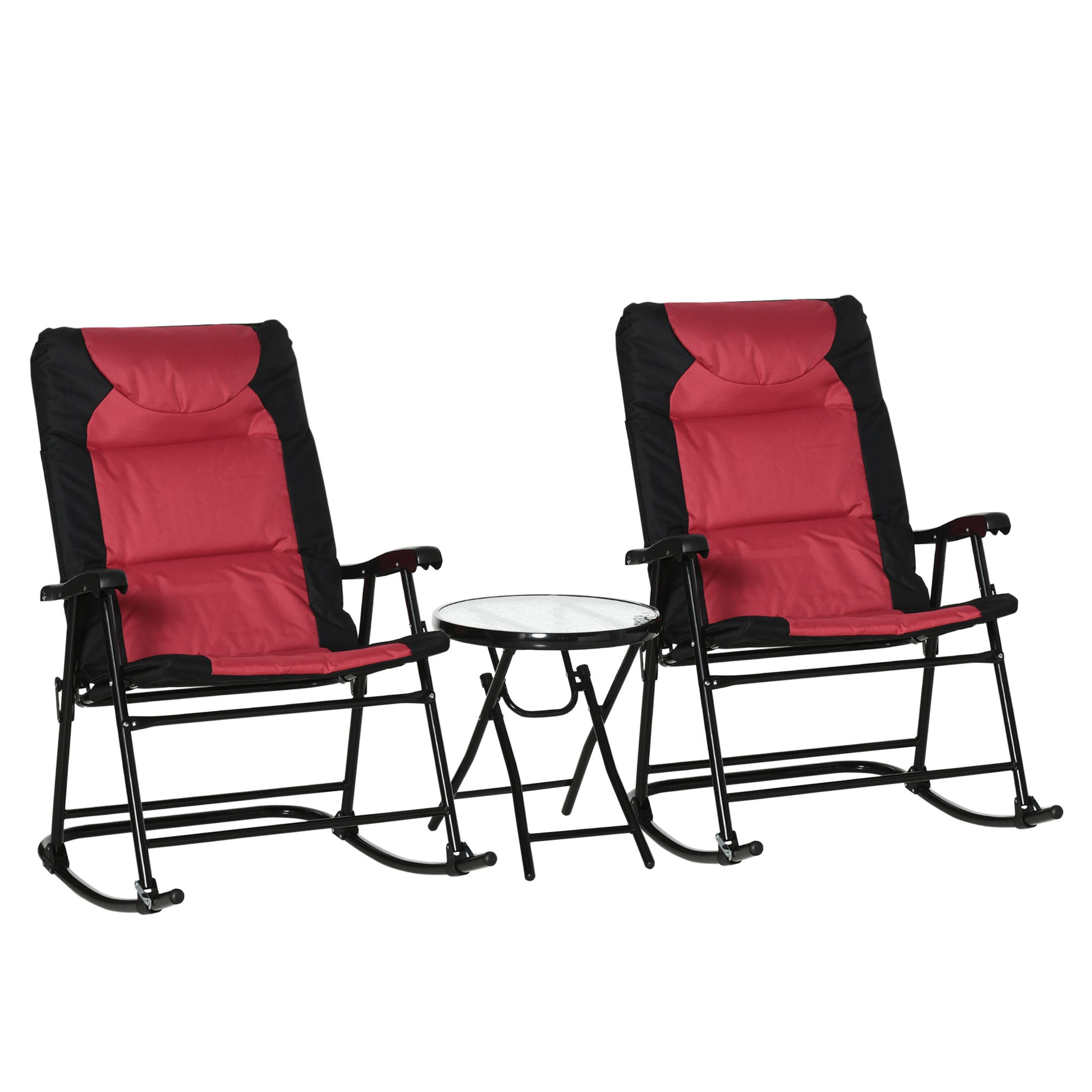3pc Red Patio Rocking Chair Set & Table - Outdoor Wicker Set w/Padded Seats-DECOROLALA