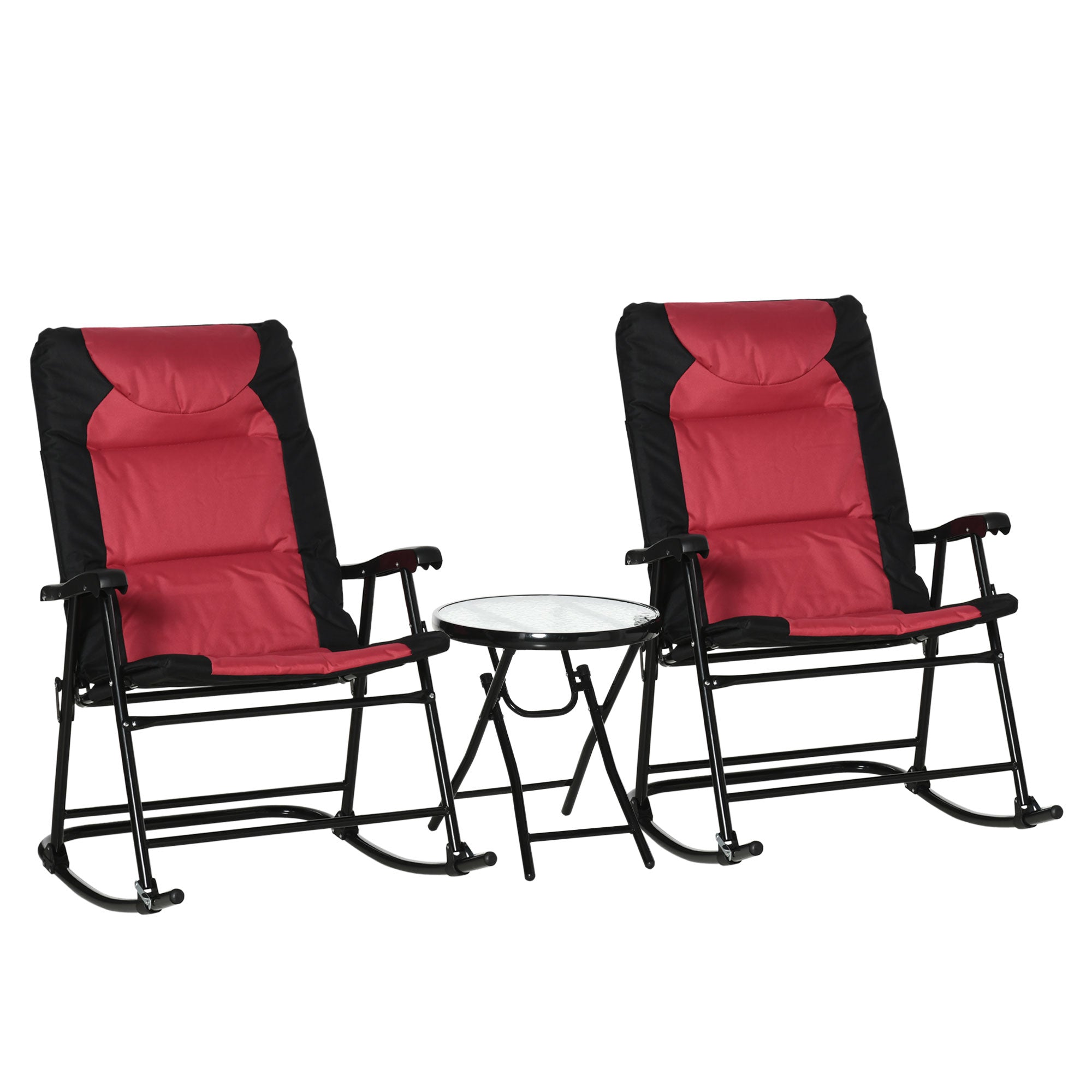 3pc Red Patio Rocking Chair Set & Table - Outdoor Wicker Set w/Padded Seats-DECOROLALA