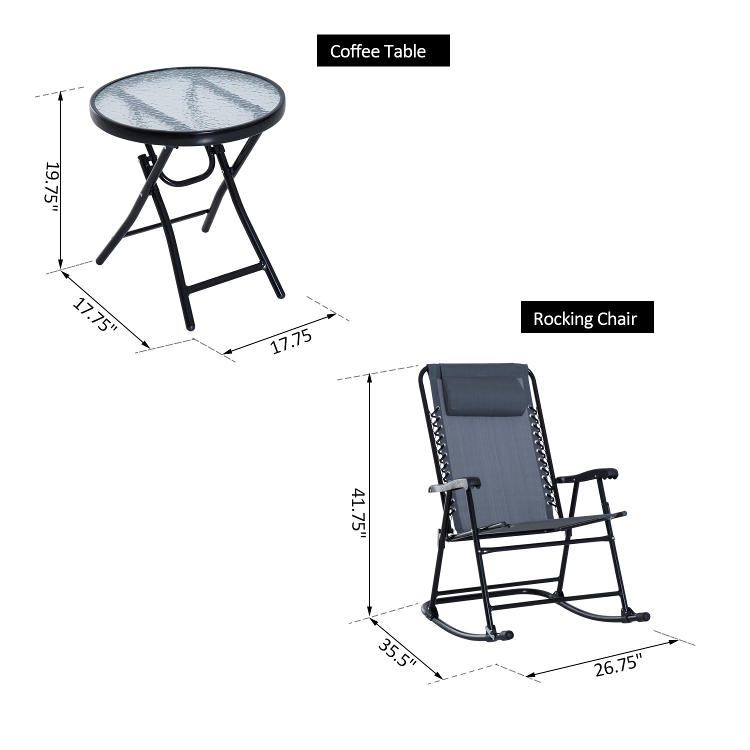 3pc Rocking Chair Set - Grey Folding Patio-DECOROLALA