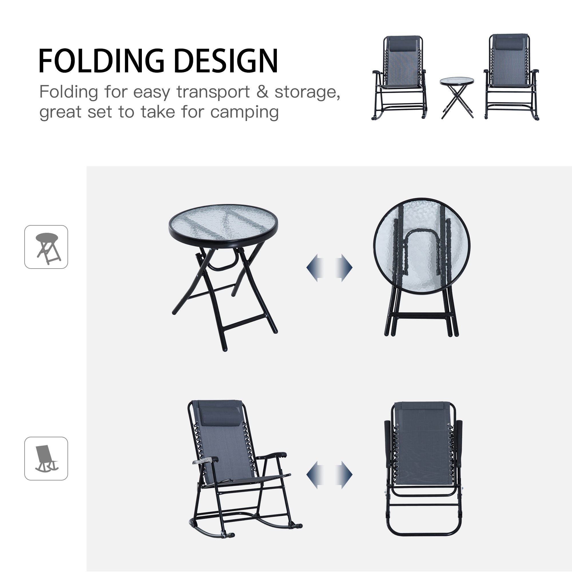 3pc Rocking Chair Set - Grey Folding Patio-DECOROLALA