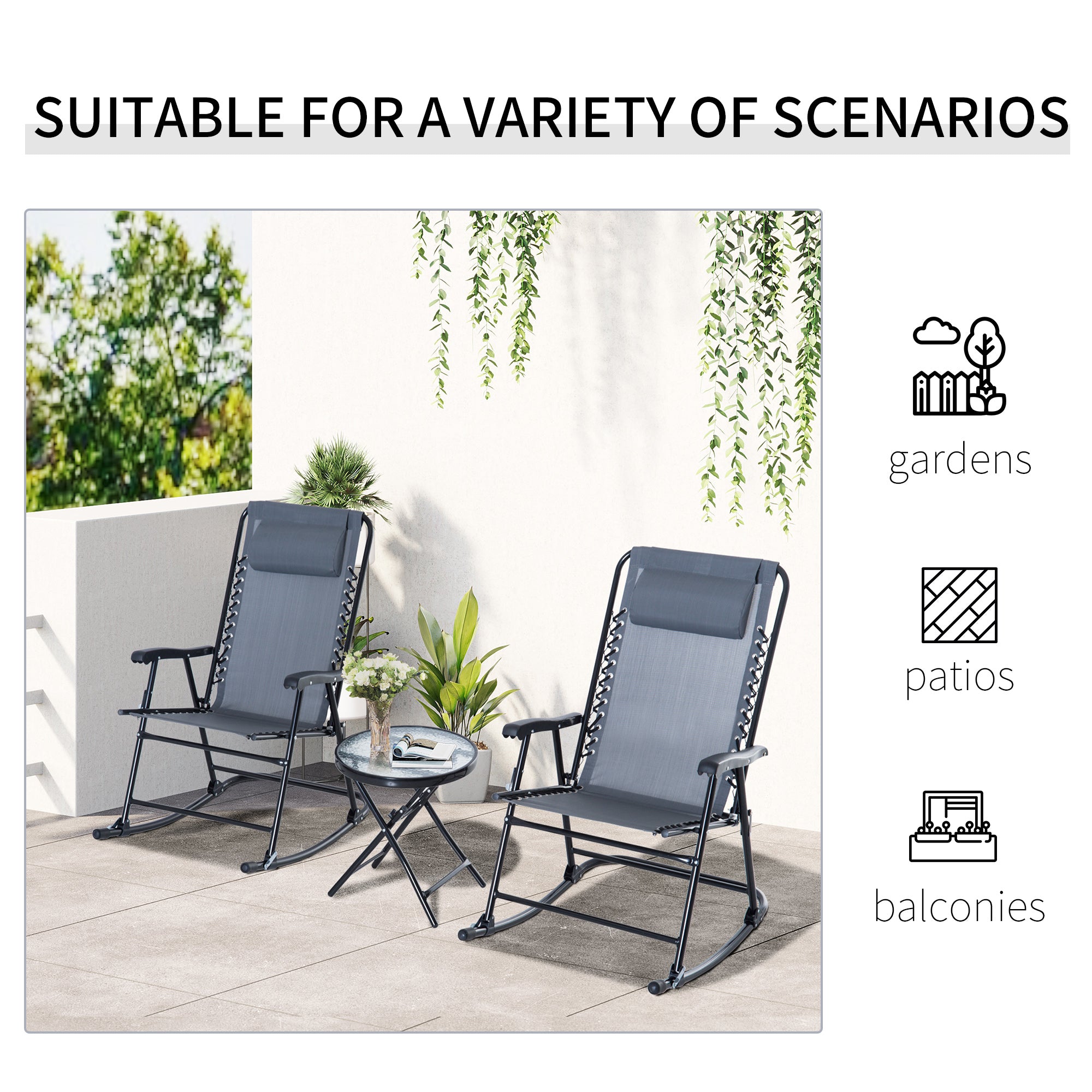 3pc Rocking Chair Set - Grey Folding Patio-DECOROLALA