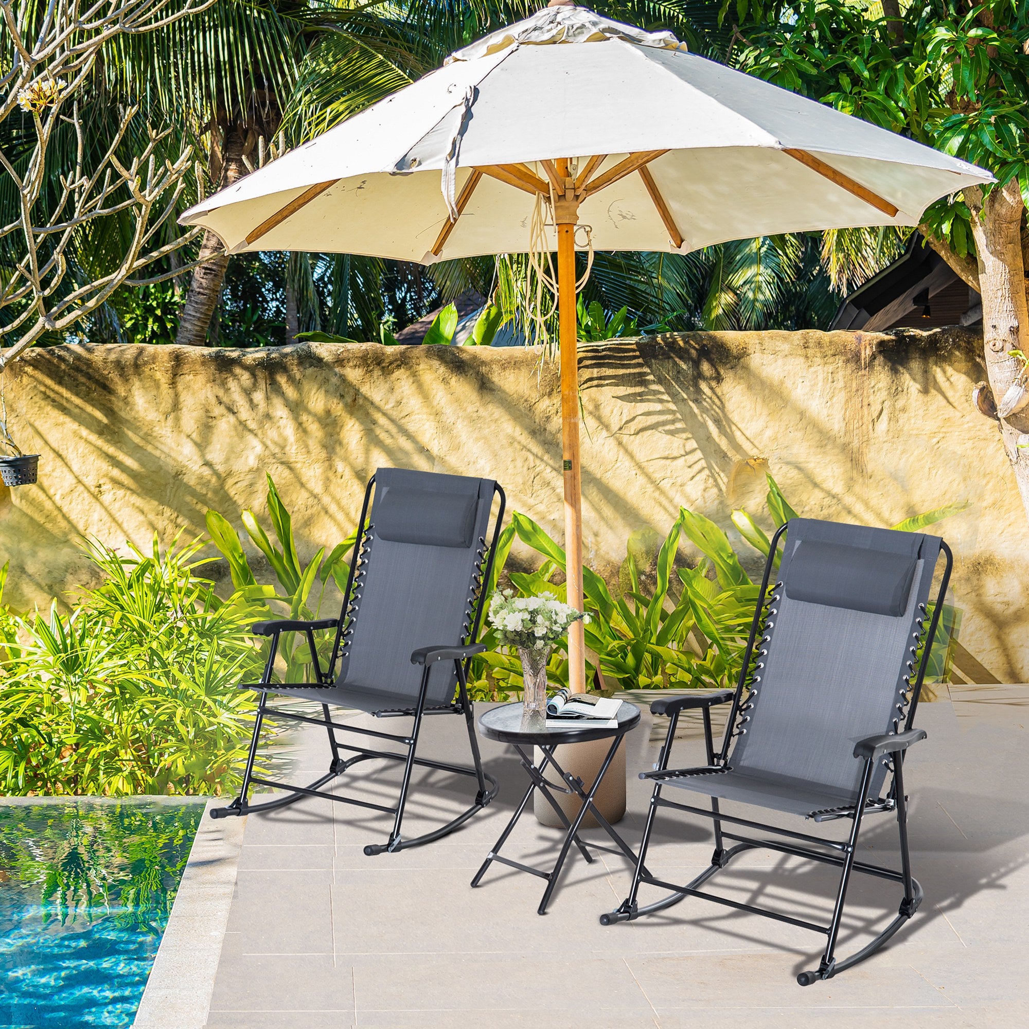 3pc Rocking Chair Set - Grey Folding Patio-DECOROLALA