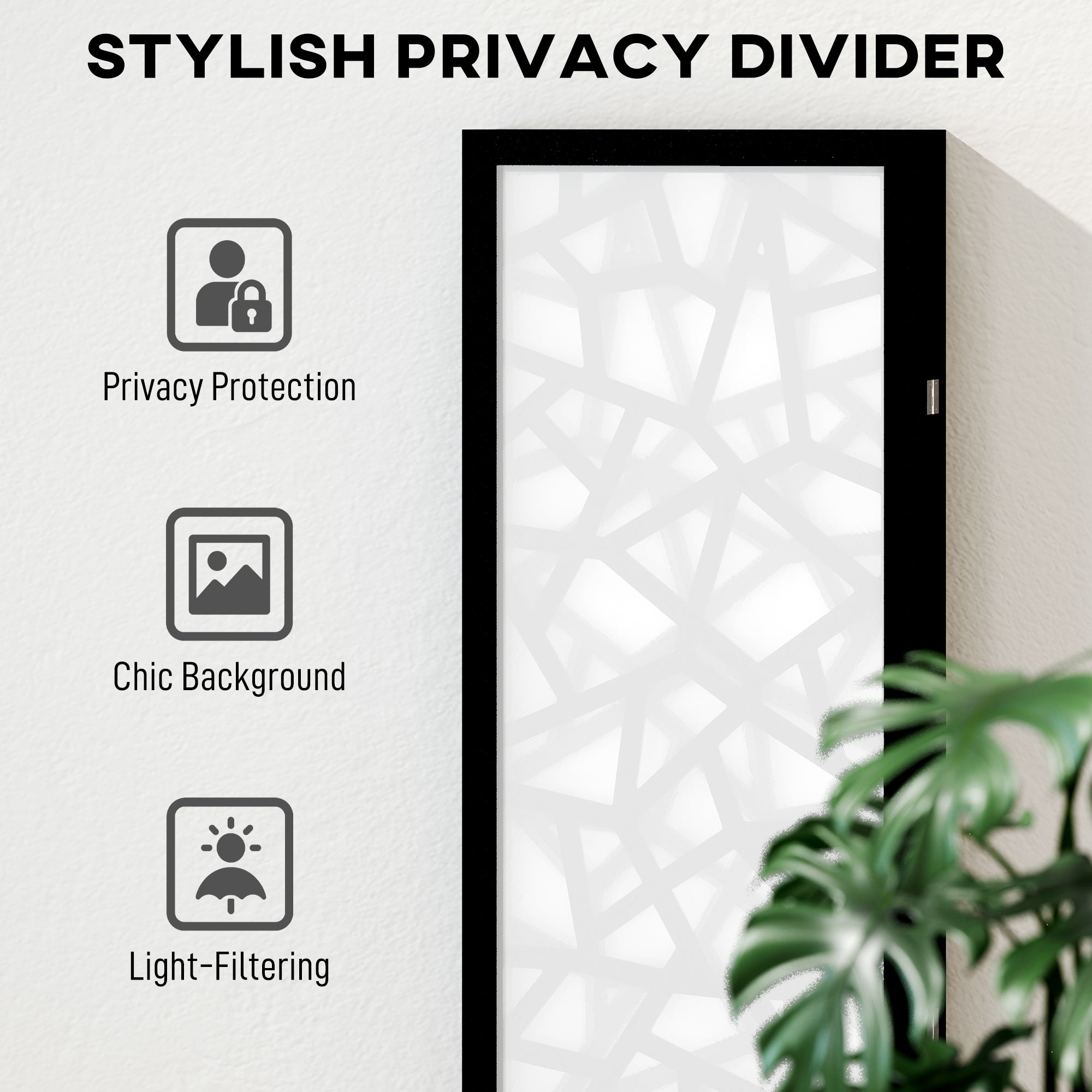 4 Panel Room Divider, 5.6 FT Lightweight Folding Privacy Screen with Geometric Pattern for Living Room, Bedroom, Black