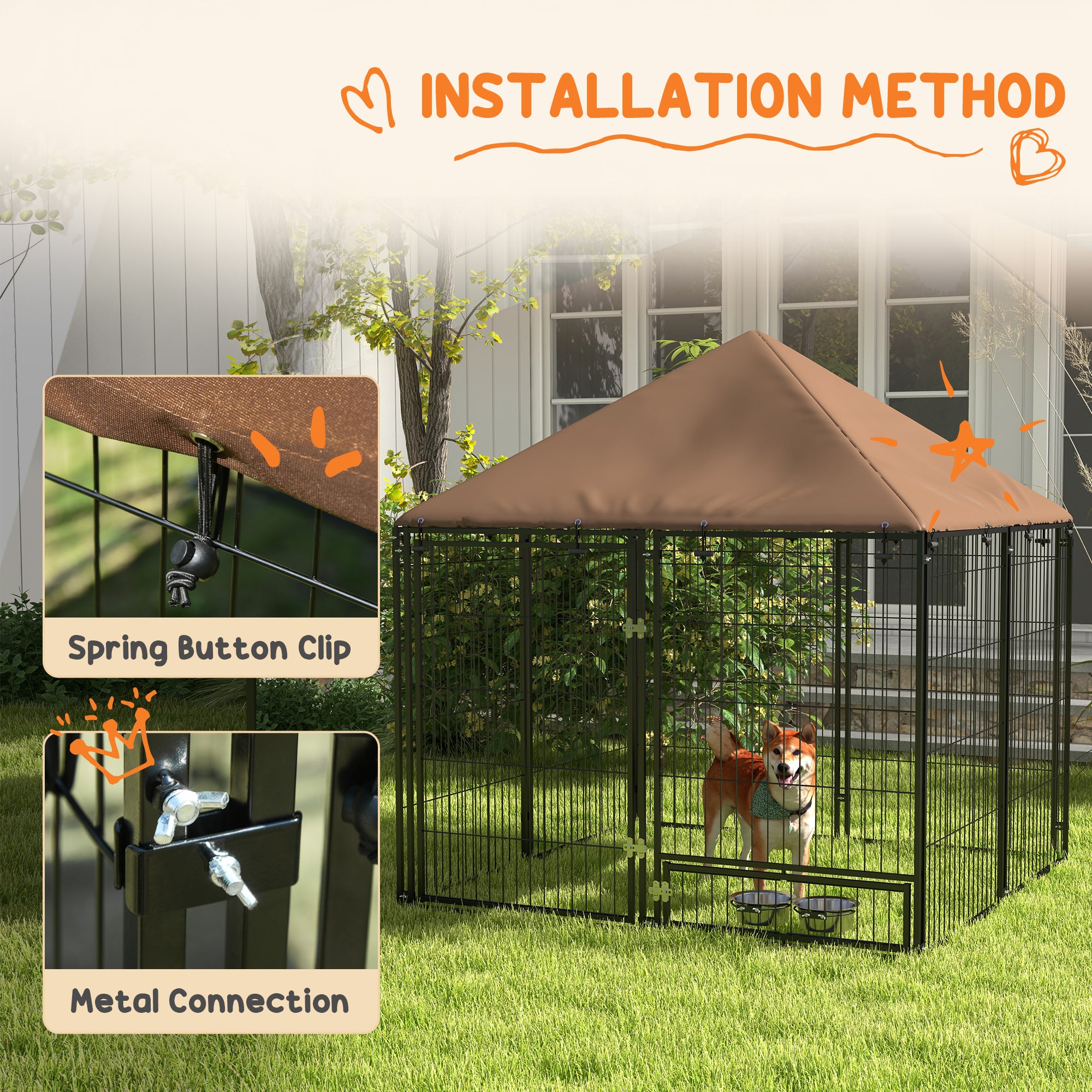 Chenil extérieur pour chien de 4.6' x 4.6' x 5' avec auvent, écuelles rotatives, café