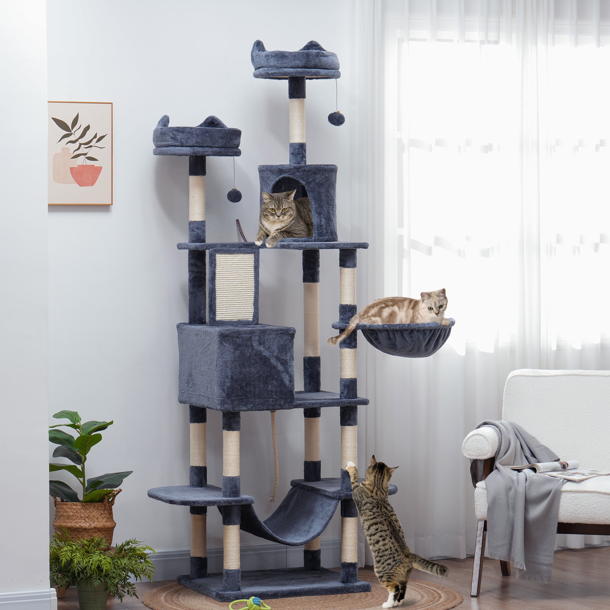 81" Large Cat Tree w/ Scratching Posts, Condos, Beds, Hammocks, Jumping Platforms, Toy Balls, Rope Cat Toy, Dark Grey