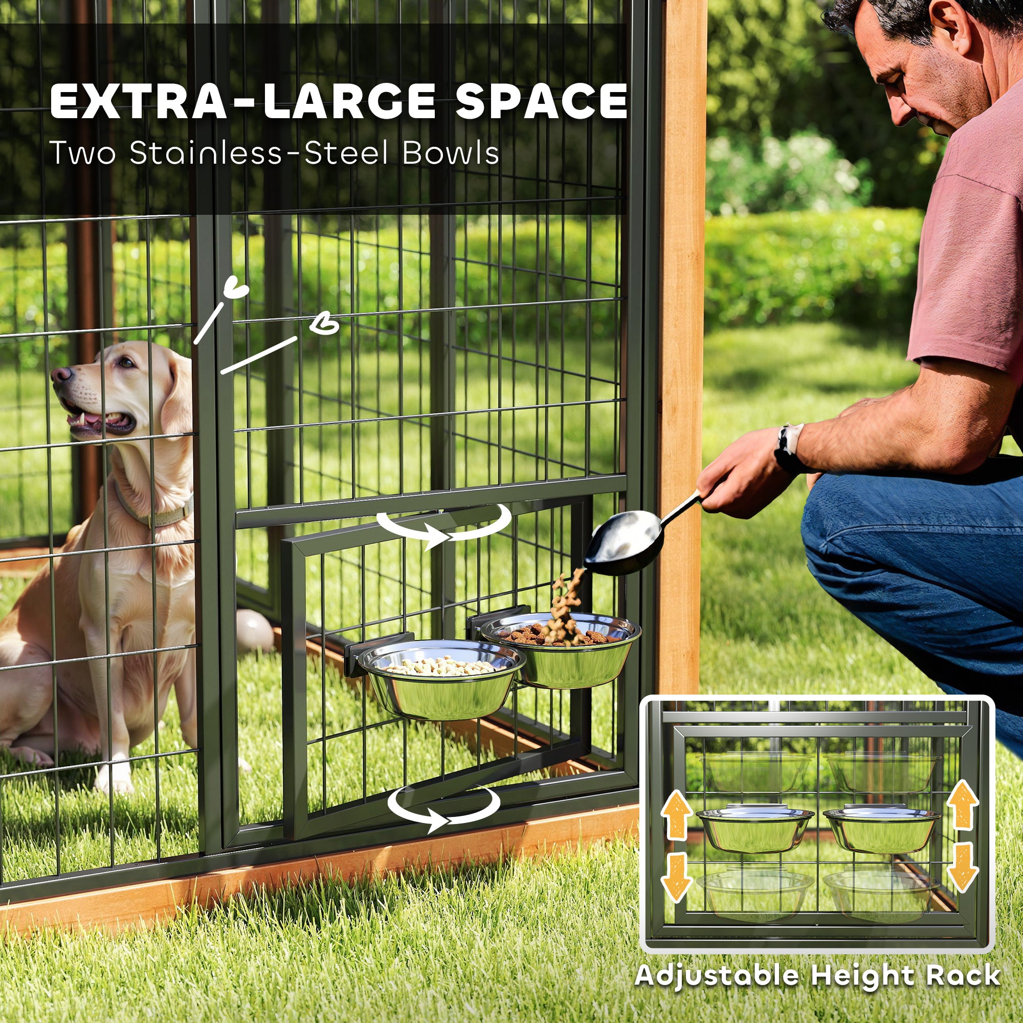 86" L Dog House Outdoor, Wooden Dog Kennel with Storage Cabinet, Stainless Steel Bowls for Large Breeds, Yellow