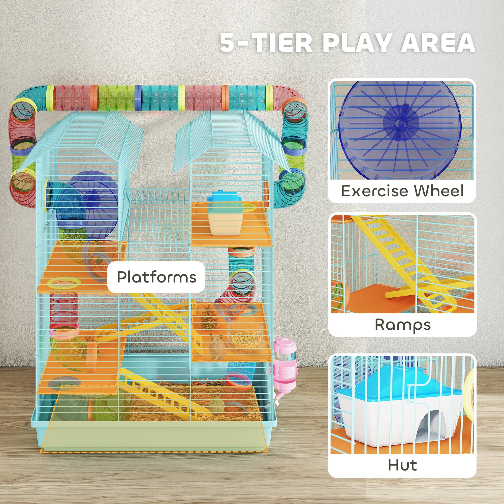 18.5" Hamster Cage, 5 Tiers Small Animal House with Tunnel Tube System, Exercise Wheel, Water Bottle, Light Blue