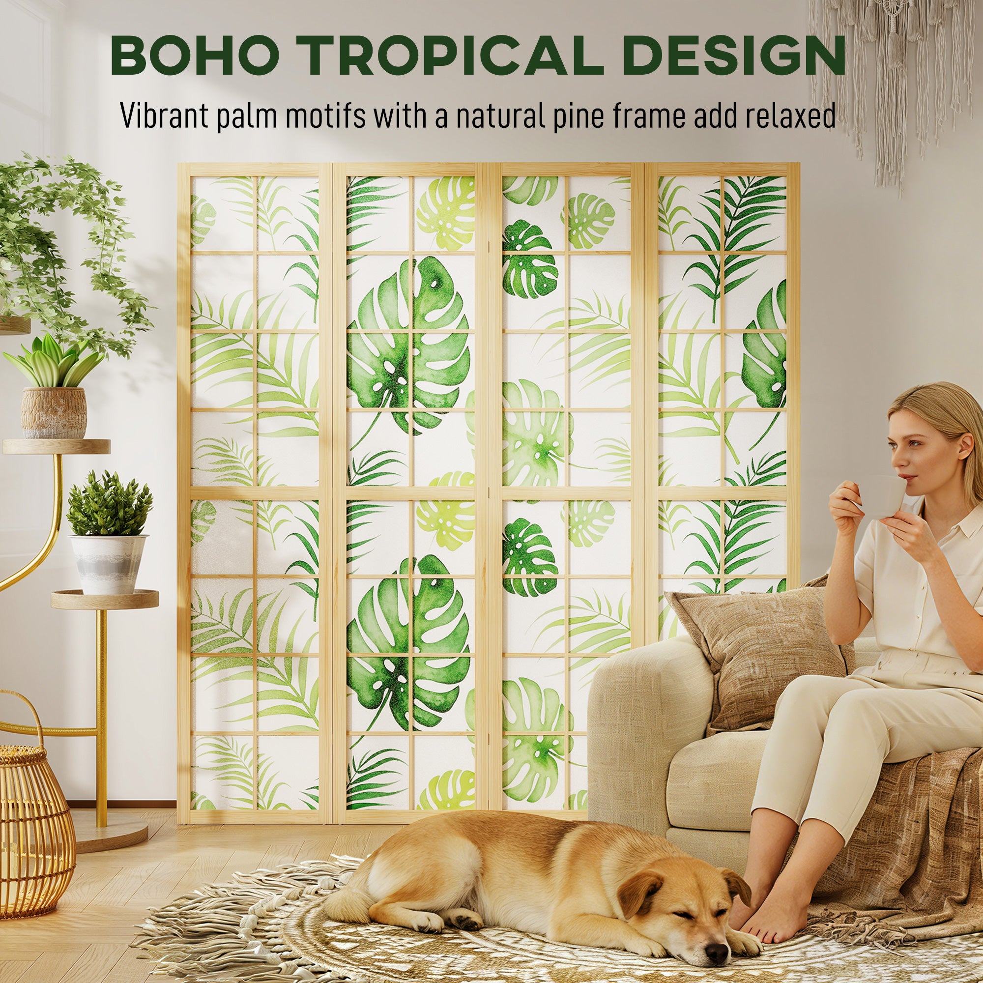Paravent pliable à 4 panneaux, séparateur de pièce de 67" avec motif de feuilles de palmier pour le salon ou la chambre, naturel et vert