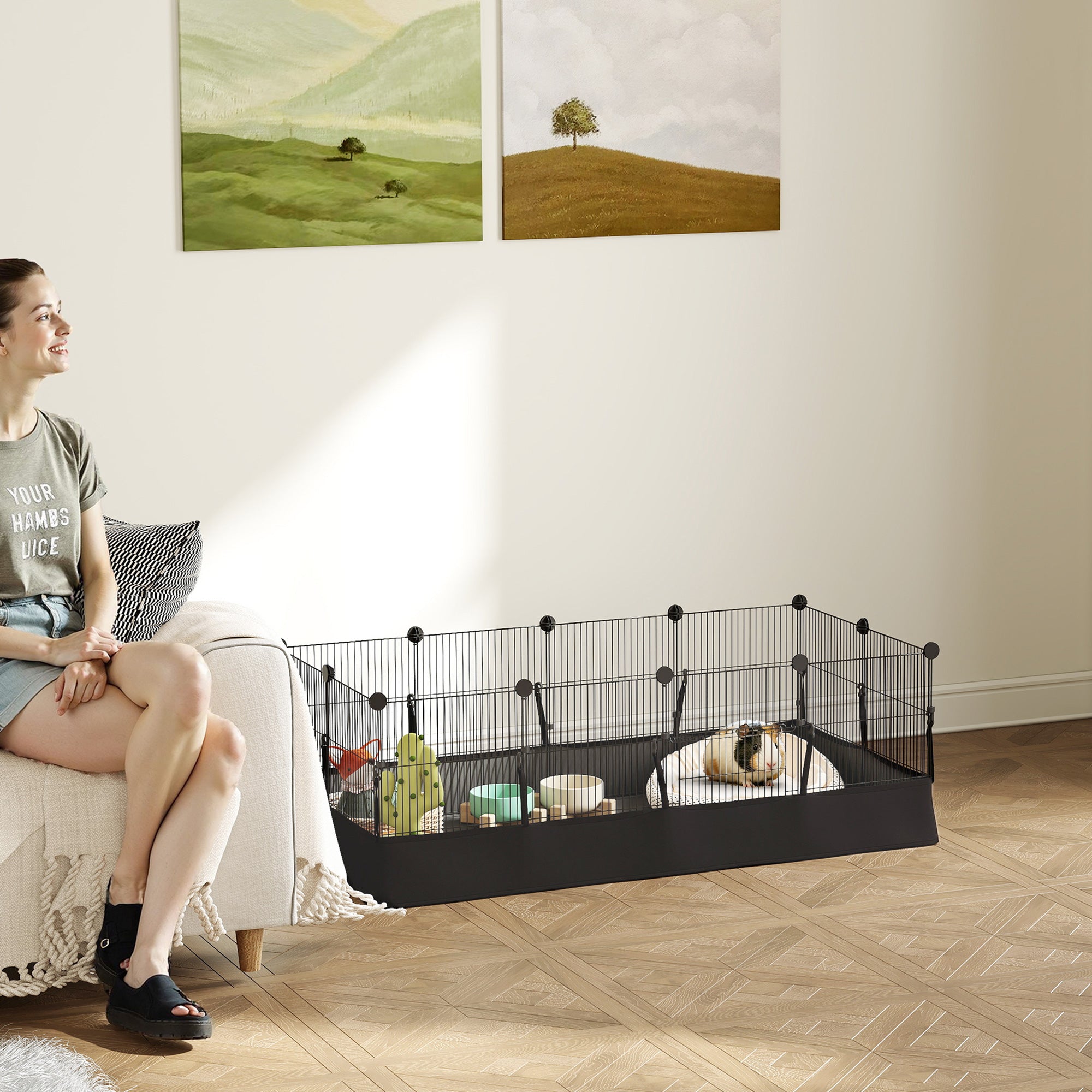 Small Animal Cage Waterproof Mat DIY Animal Playpen for Guinea Pigs Rabbits 12 Panels and Door Black