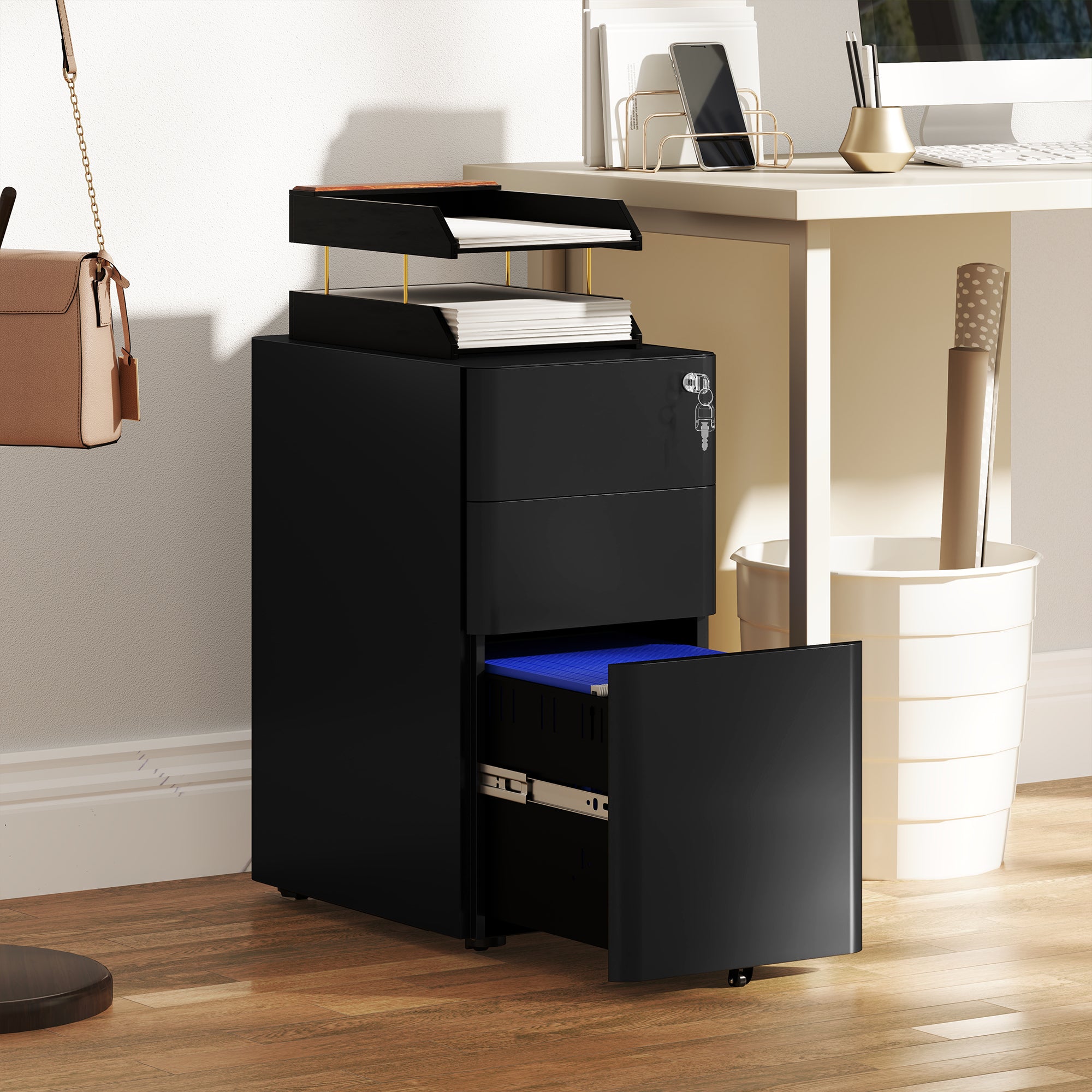 3-Drawer Locking Steel Filing Cabinet - Black 23" H