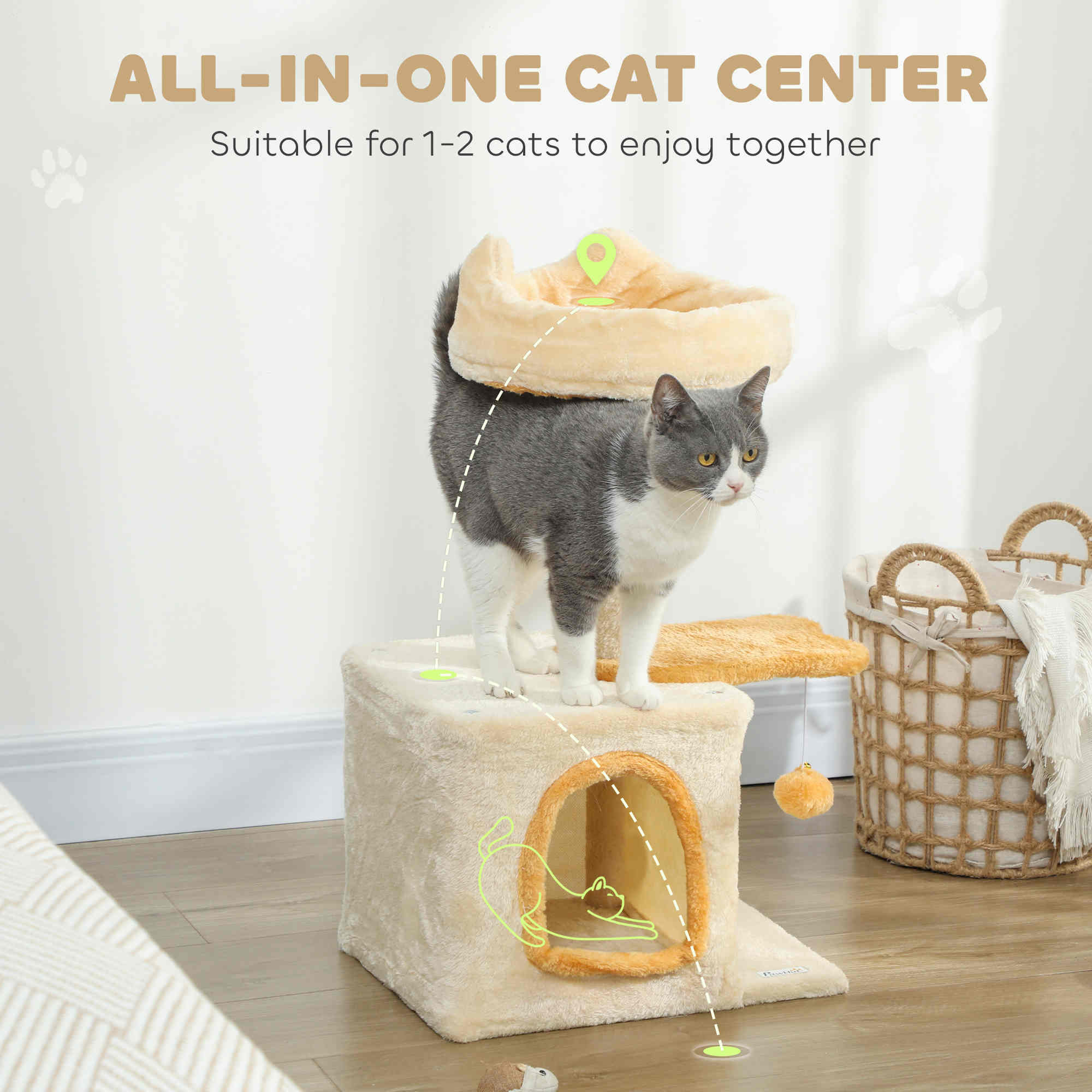 28" Cat Tree Tower with Plush Top Bed, Cozy Condo, Sisal Scratching Post, Perch, Dangling Ball, Beige and Yellow