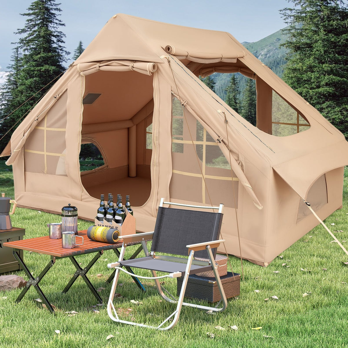 4-6 People Inflatable Camping Tent with 4 Mesh Screen Windows and 2 Doors-White-Tents-DECOROLALA