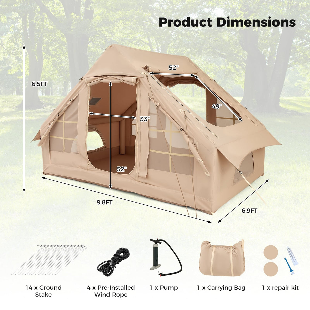 4-6 People Inflatable Camping Tent with 4 Mesh Screen Windows and 2 Doors-White-Tents-DECOROLALA