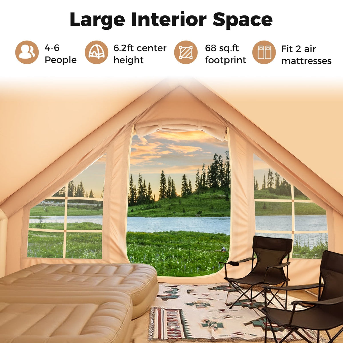 4-6 People Inflatable Camping Tent with 4 Mesh Screen Windows and 2 Doors-White-Tents-DECOROLALA