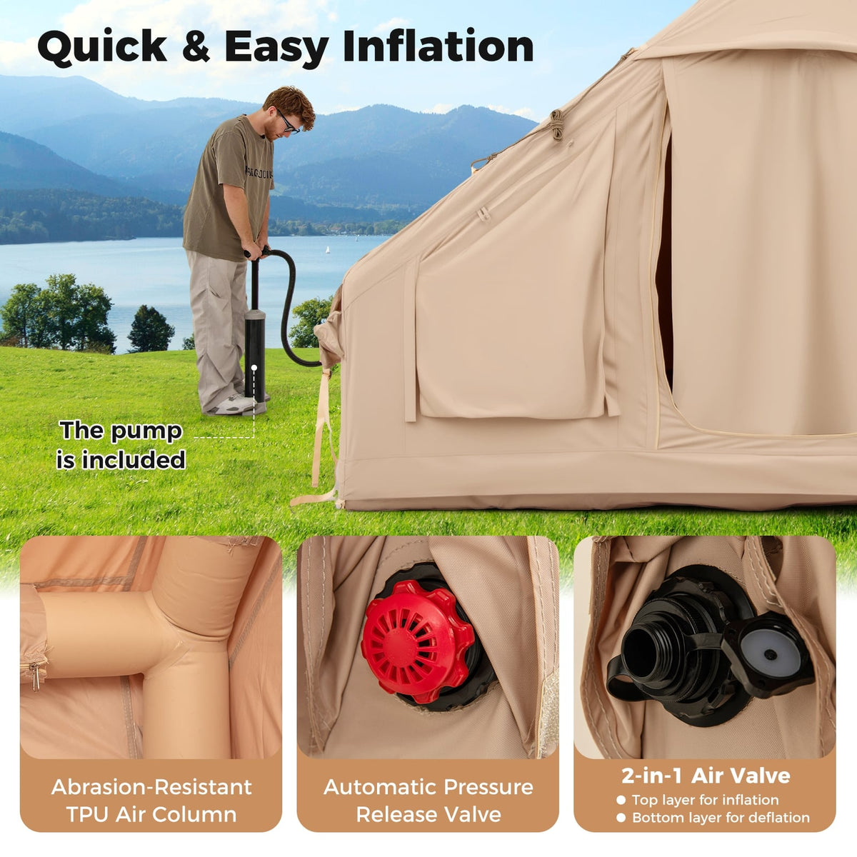 4-6 People Inflatable Camping Tent with 4 Mesh Screen Windows and 2 Doors-White-Tents-DECOROLALA