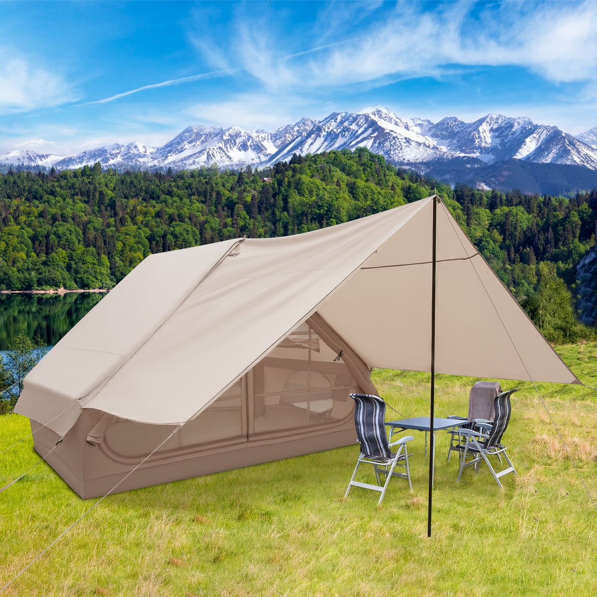 4-6 People Inflatable Camping Tent with Porch and Carrying Bag-Beige-Tents-DECOROLALA