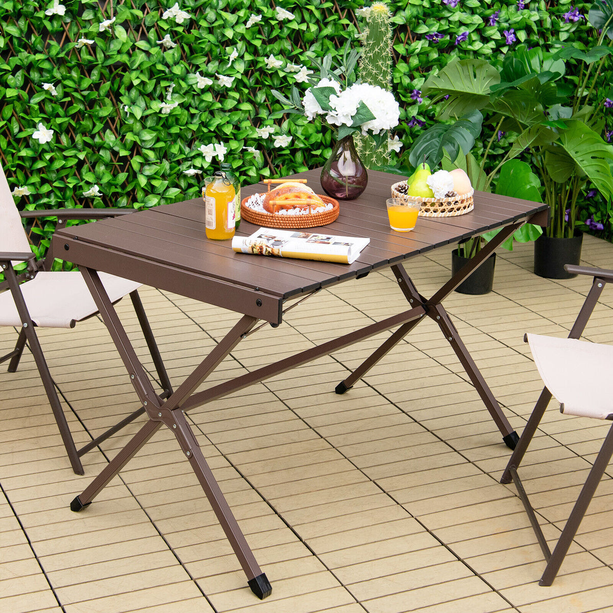 4-6 Person Portable Aluminum Camping Table with Carrying Bag-Brown-Camping Furniture-DECOROLALA