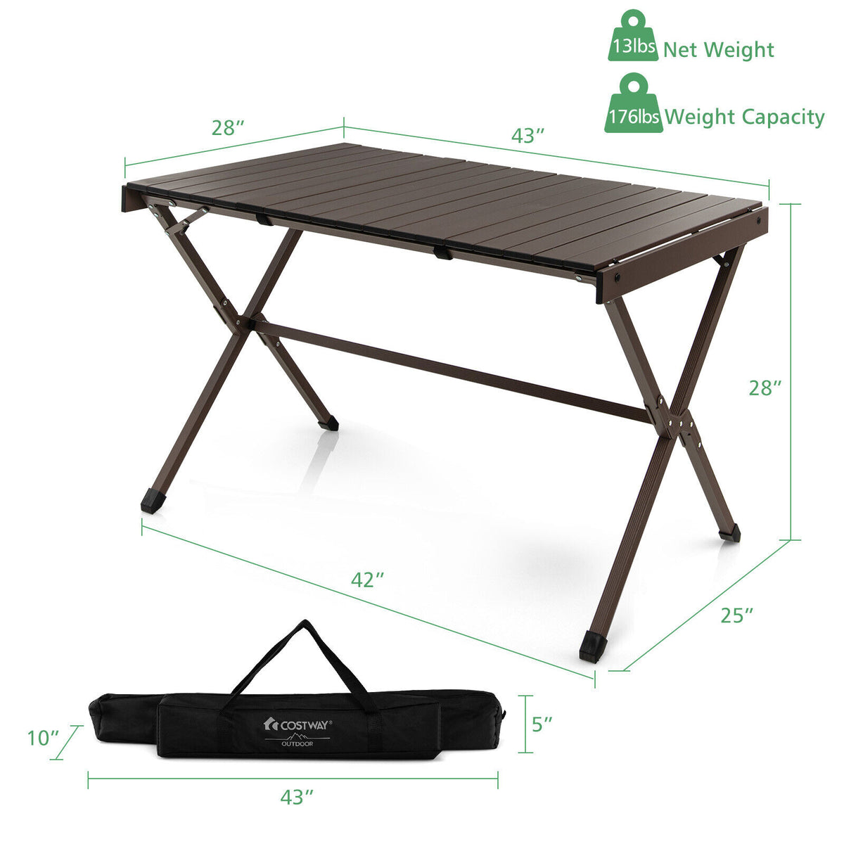 4-6 Person Portable Aluminum Camping Table with Carrying Bag-Brown-Camping Furniture-DECOROLALA