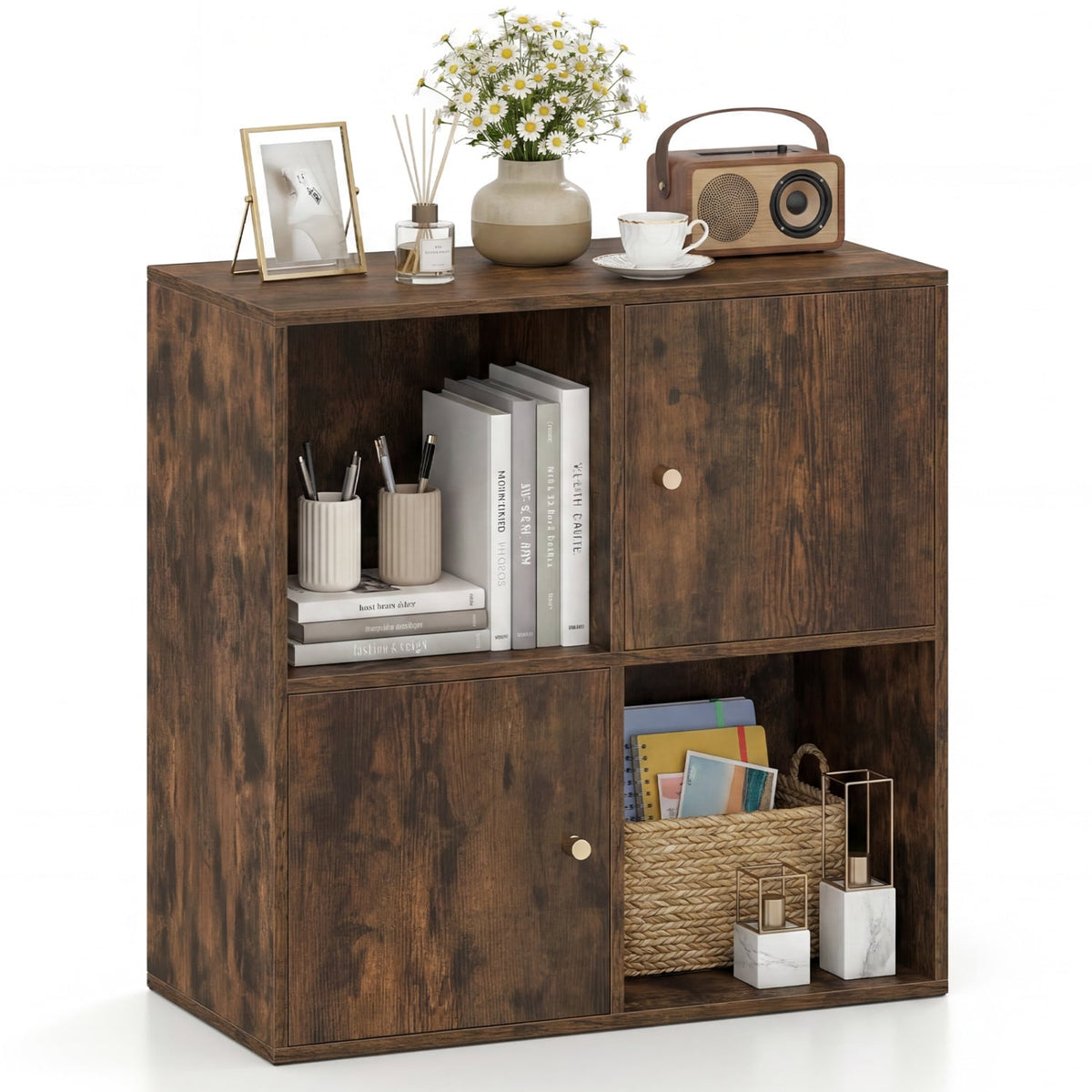 4-Cube Bookcase 3-Tier Bookshelf with Dual Anti-Tipping Kits and 2 Cabinets-Brown-Bookcases-DECOROLALA