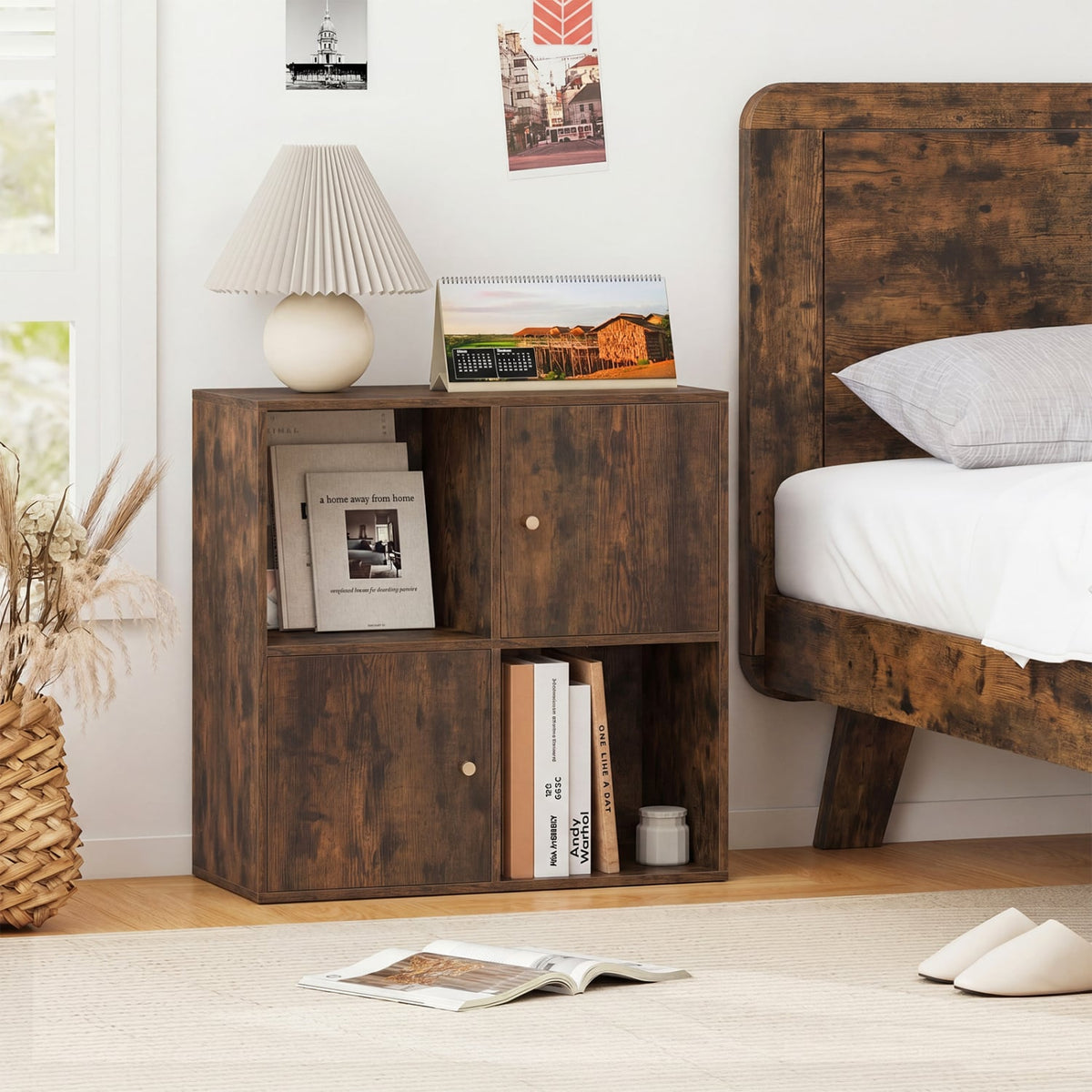 4-Cube Bookcase 3-Tier Bookshelf with Dual Anti-Tipping Kits and 2 Cabinets-Brown-Bookcases-DECOROLALA