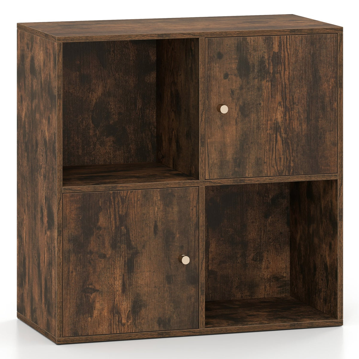 4-Cube Bookcase 3-Tier Bookshelf with Dual Anti-Tipping Kits and 2 Cabinets-Brown-Bookcases-DECOROLALA