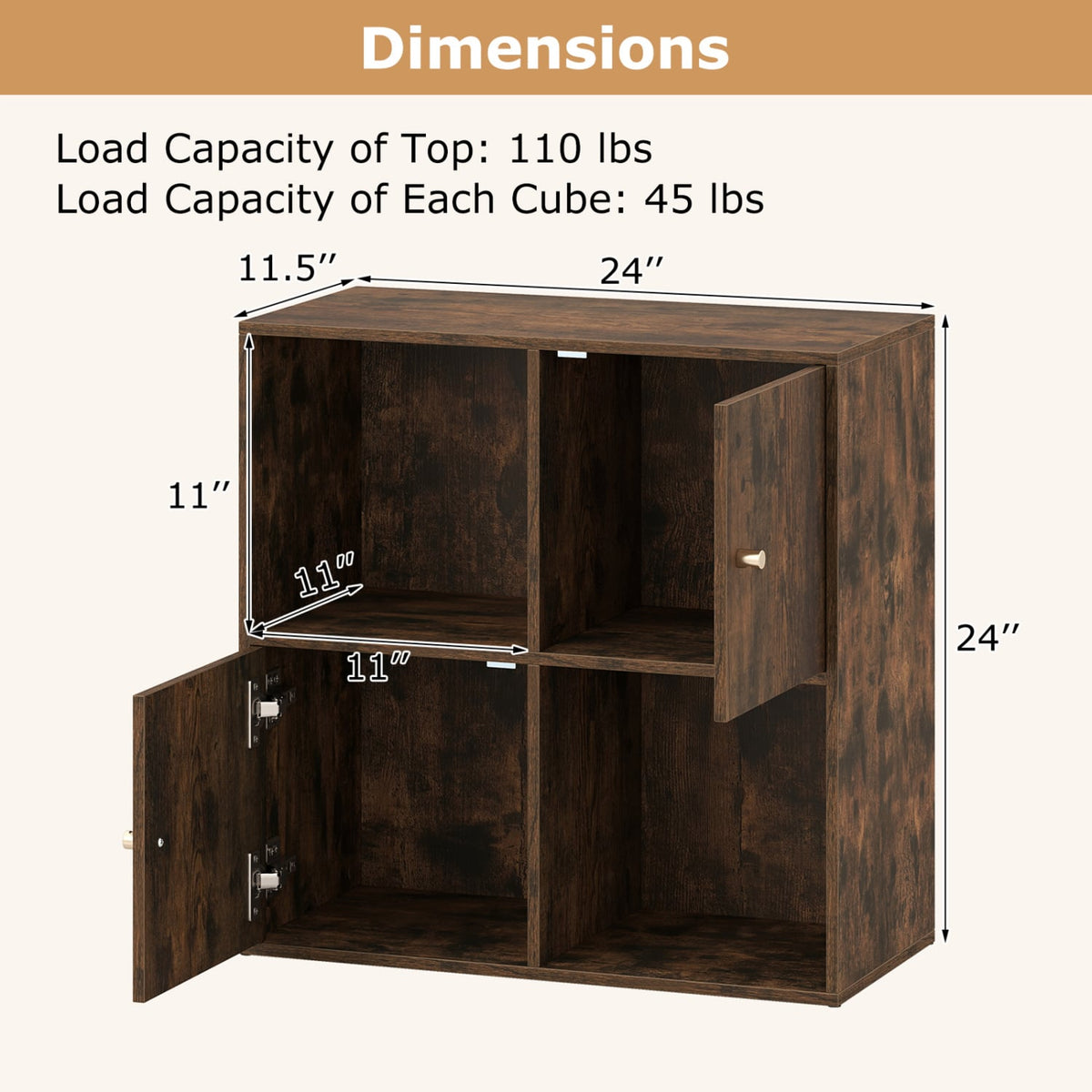 4-Cube Bookcase 3-Tier Bookshelf with Dual Anti-Tipping Kits and 2 Cabinets-Brown-Bookcases-DECOROLALA