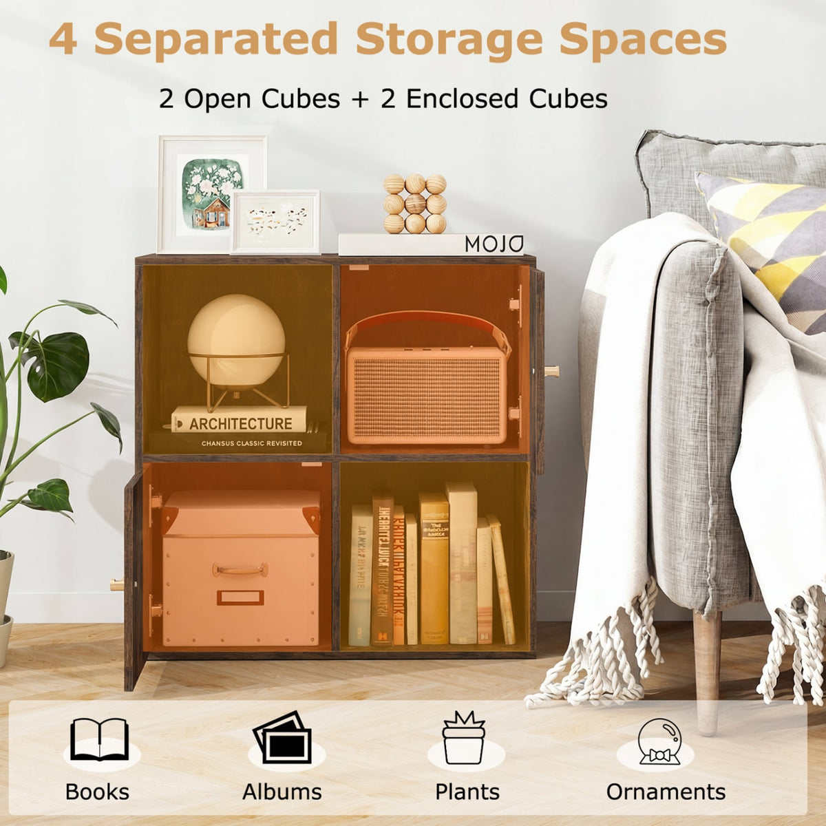 4-Cube Bookcase 3-Tier Bookshelf with Dual Anti-Tipping Kits and 2 Cabinets-Brown-Bookcases-DECOROLALA