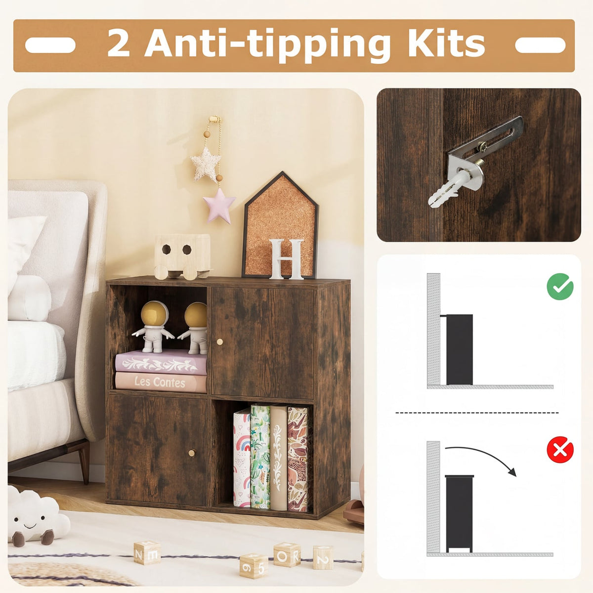 4-Cube Bookcase 3-Tier Bookshelf with Dual Anti-Tipping Kits and 2 Cabinets-Brown-Bookcases-DECOROLALA