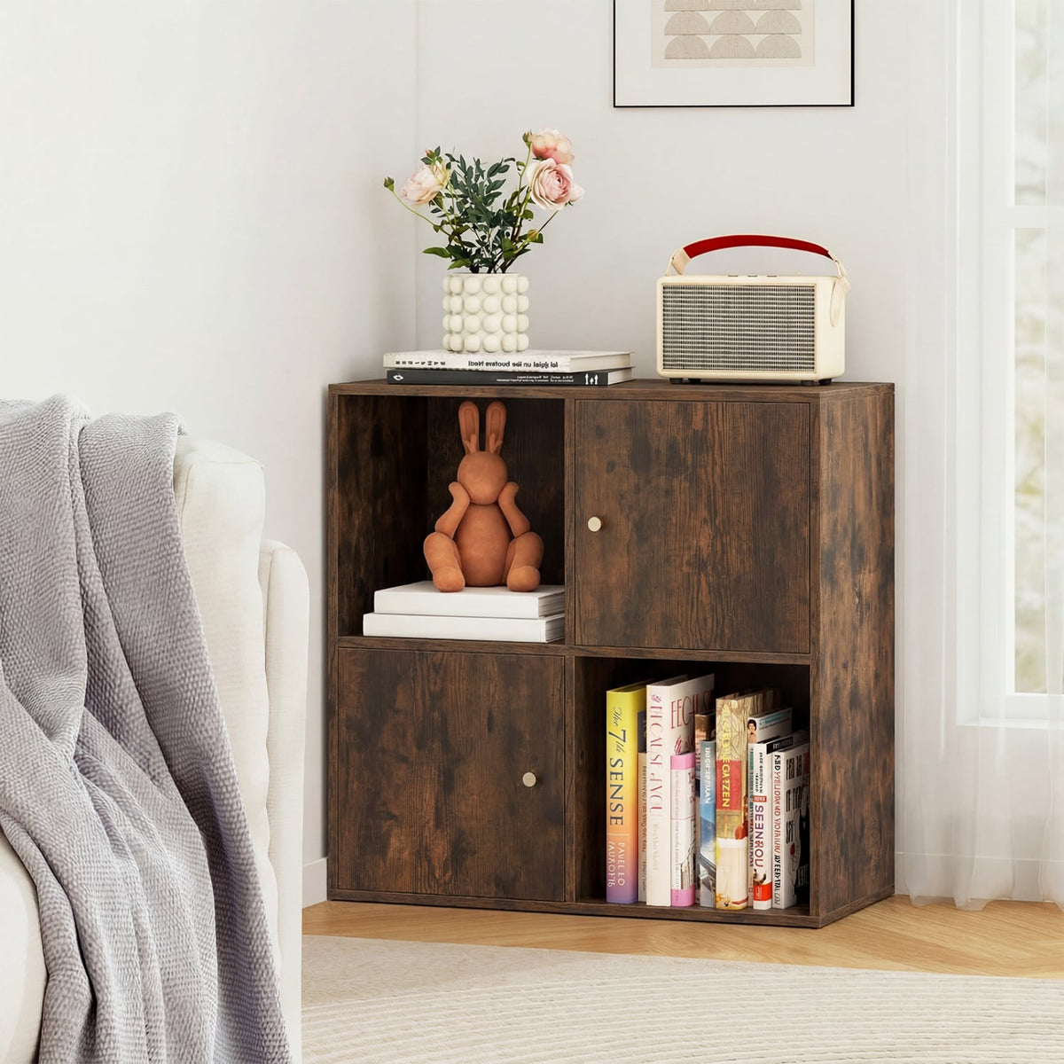 4-Cube Bookcase 3-Tier Bookshelf with Dual Anti-Tipping Kits and 2 Cabinets-Brown-Bookcases-DECOROLALA