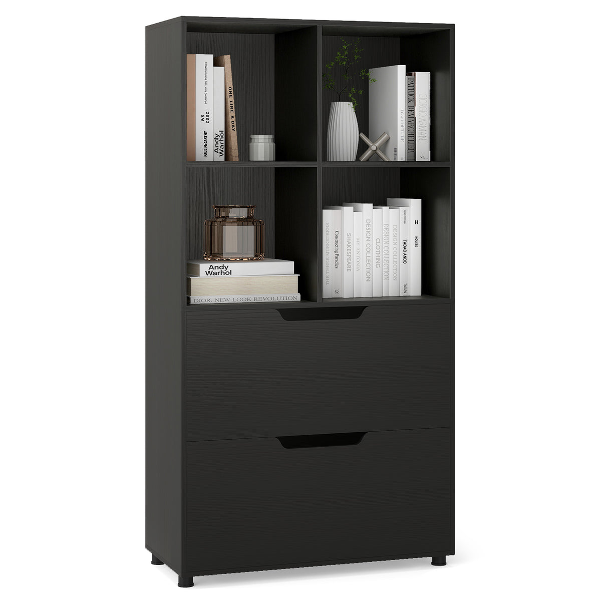 4-Cube Bookcase with 2 Drawers 51 inch 5-Tier Tall Freestanding Bookshelf-Black-Bookcases-DECOROLALA