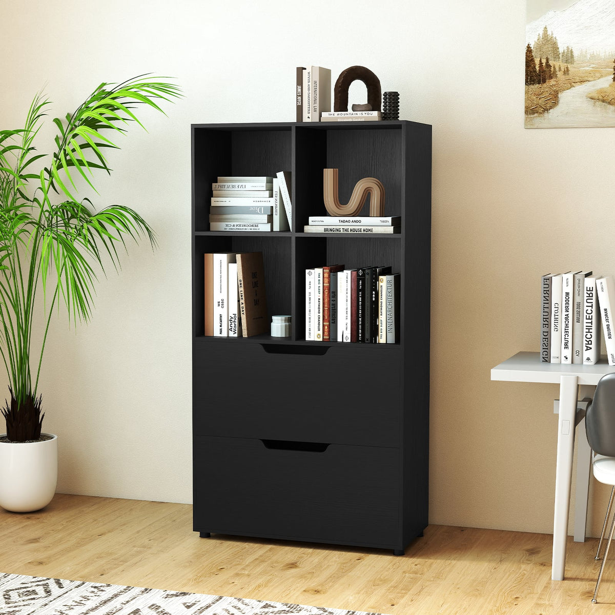 4-Cube Bookcase with 2 Drawers 51 inch 5-Tier Tall Freestanding Bookshelf-Black-Bookcases-DECOROLALA
