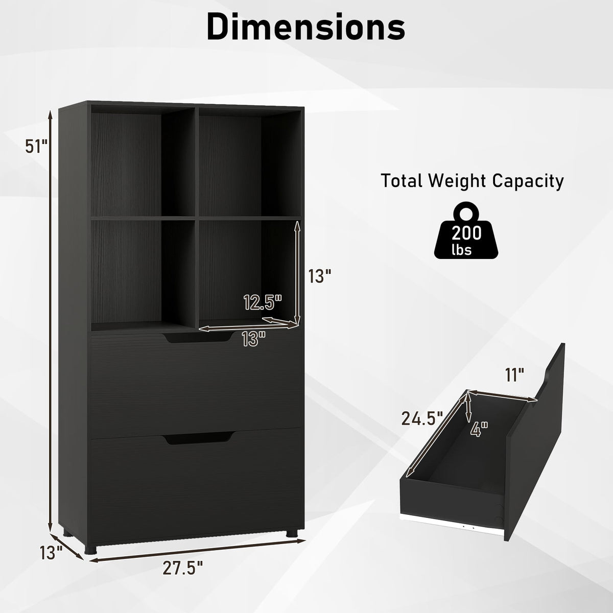 4-Cube Bookcase with 2 Drawers 51 inch 5-Tier Tall Freestanding Bookshelf-Black-Bookcases-DECOROLALA