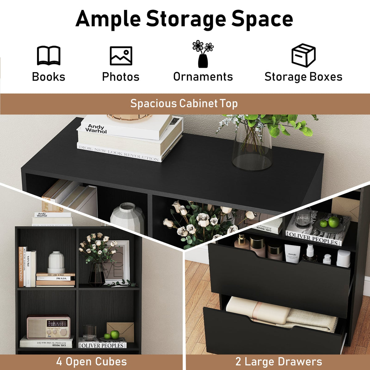 4-Cube Bookcase with 2 Drawers 51 inch 5-Tier Tall Freestanding Bookshelf-Black-Bookcases-DECOROLALA