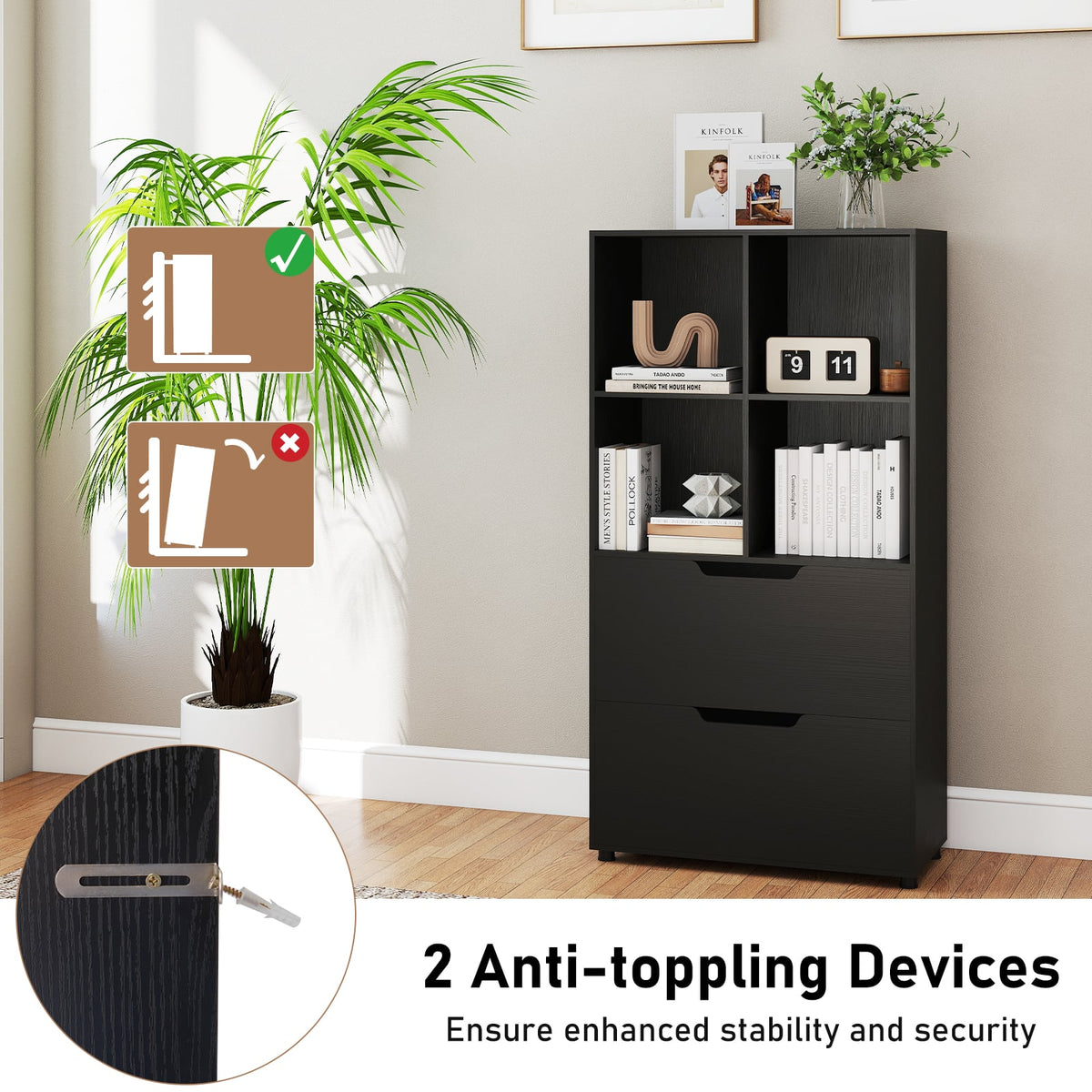 4-Cube Bookcase with 2 Drawers 51 inch 5-Tier Tall Freestanding Bookshelf-Black-Bookcases-DECOROLALA