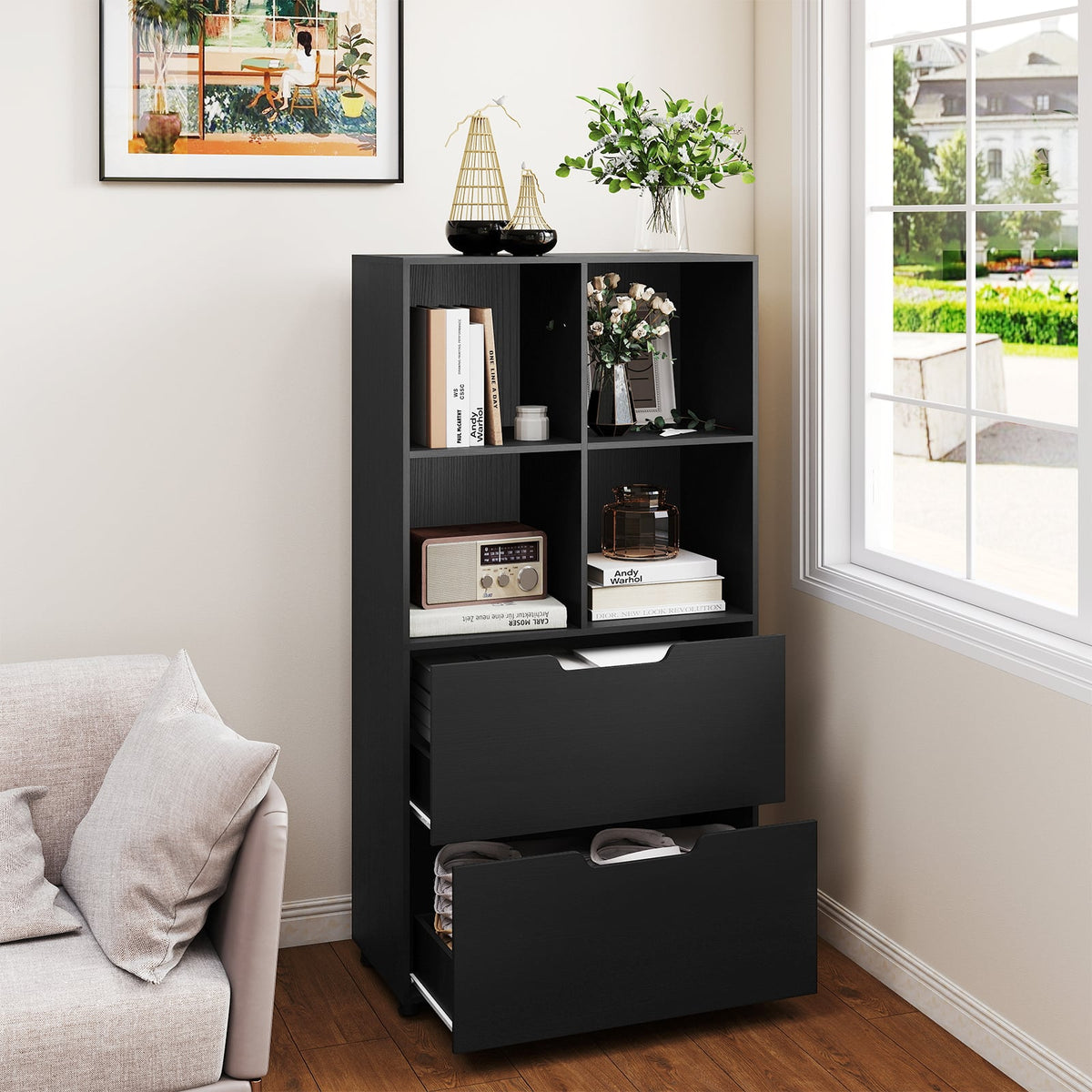 4-Cube Bookcase with 2 Drawers 51 inch 5-Tier Tall Freestanding Bookshelf-Black-Bookcases-DECOROLALA
