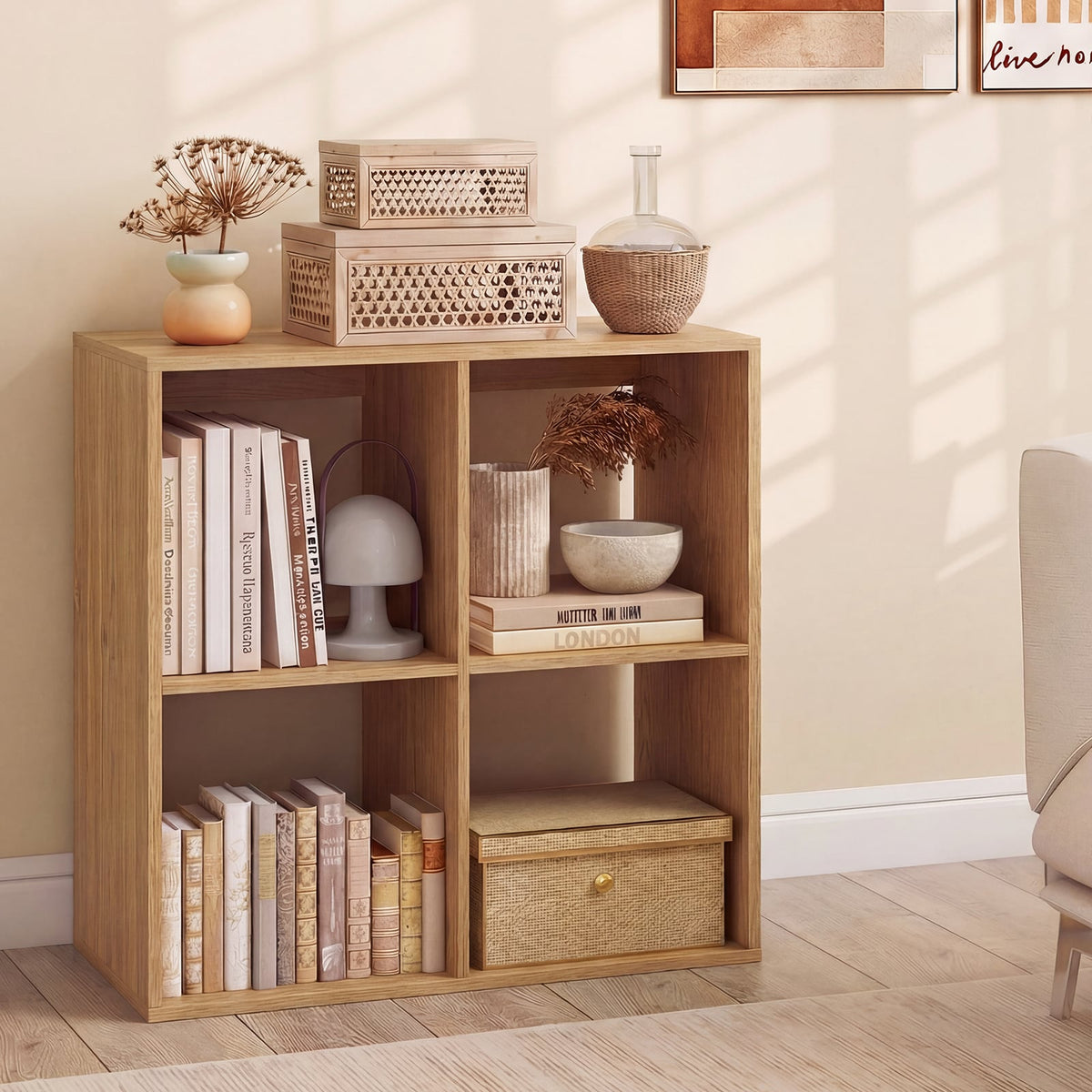 4 Cube Bookshelf with Back Guardrail for Living Room Bedroom-Natural-Bookcases-DECOROLALA