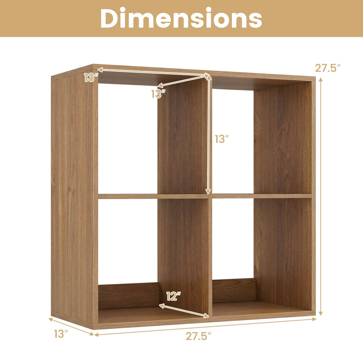 4 Cube Bookshelf with Back Guardrail for Living Room Bedroom-Natural-Bookcases-DECOROLALA