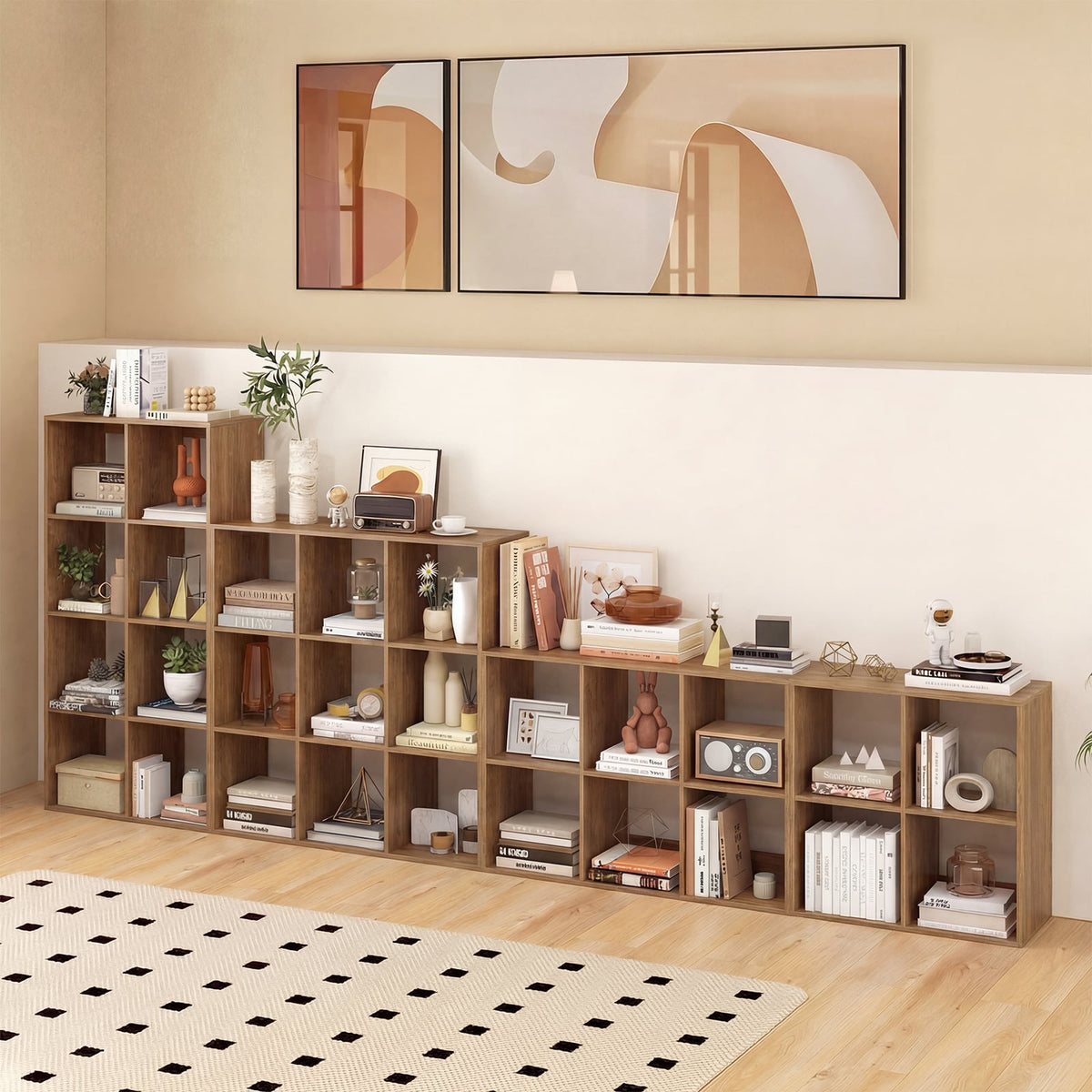 4 Cube Bookshelf with Back Guardrail for Living Room Bedroom-Natural-Bookcases-DECOROLALA
