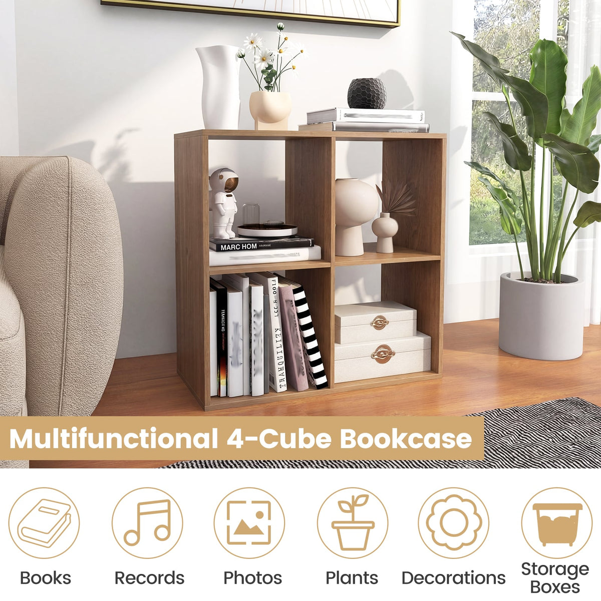 4 Cube Bookshelf with Back Guardrail for Living Room Bedroom-Natural-Bookcases-DECOROLALA