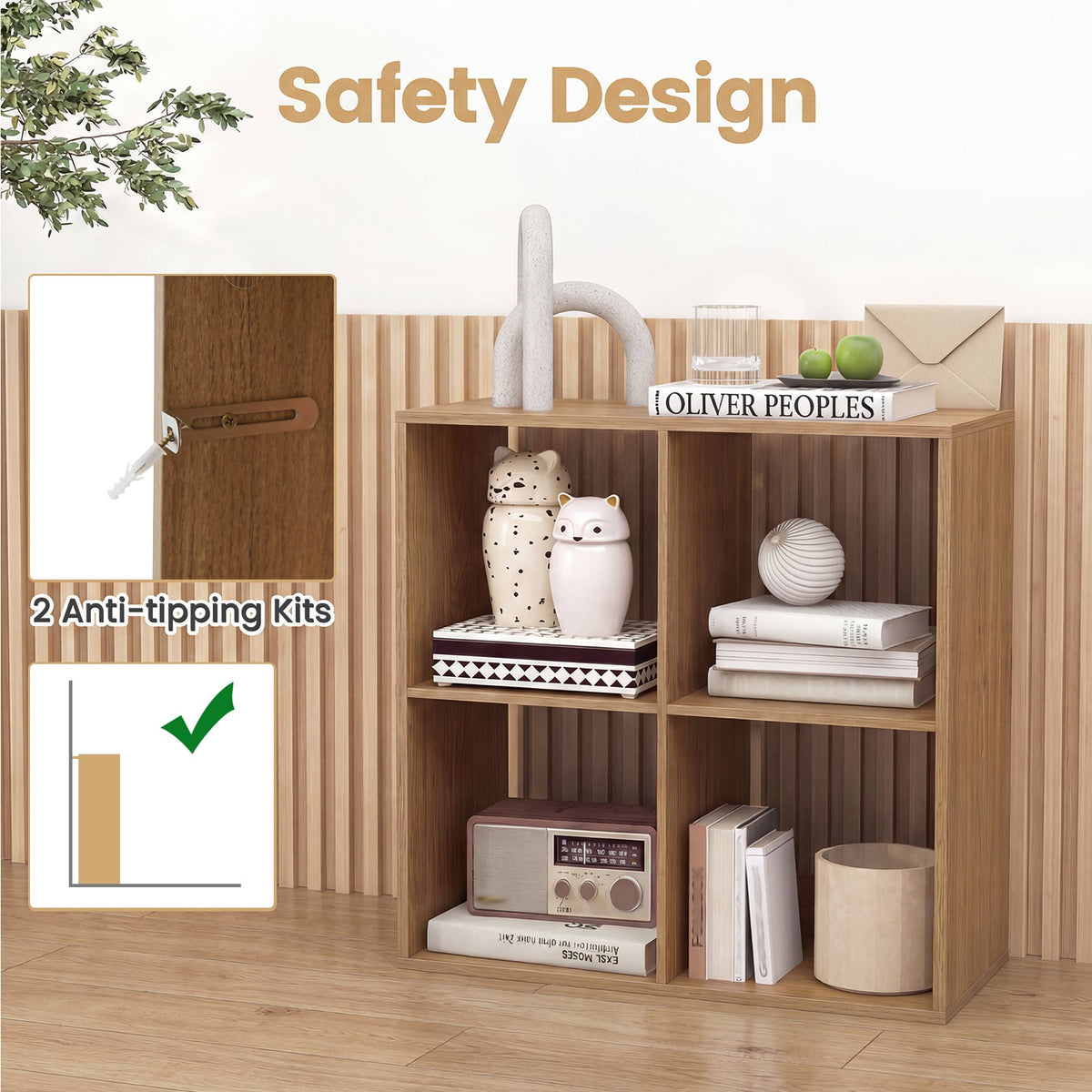 4 Cube Bookshelf with Back Guardrail for Living Room Bedroom-Natural-Bookcases-DECOROLALA